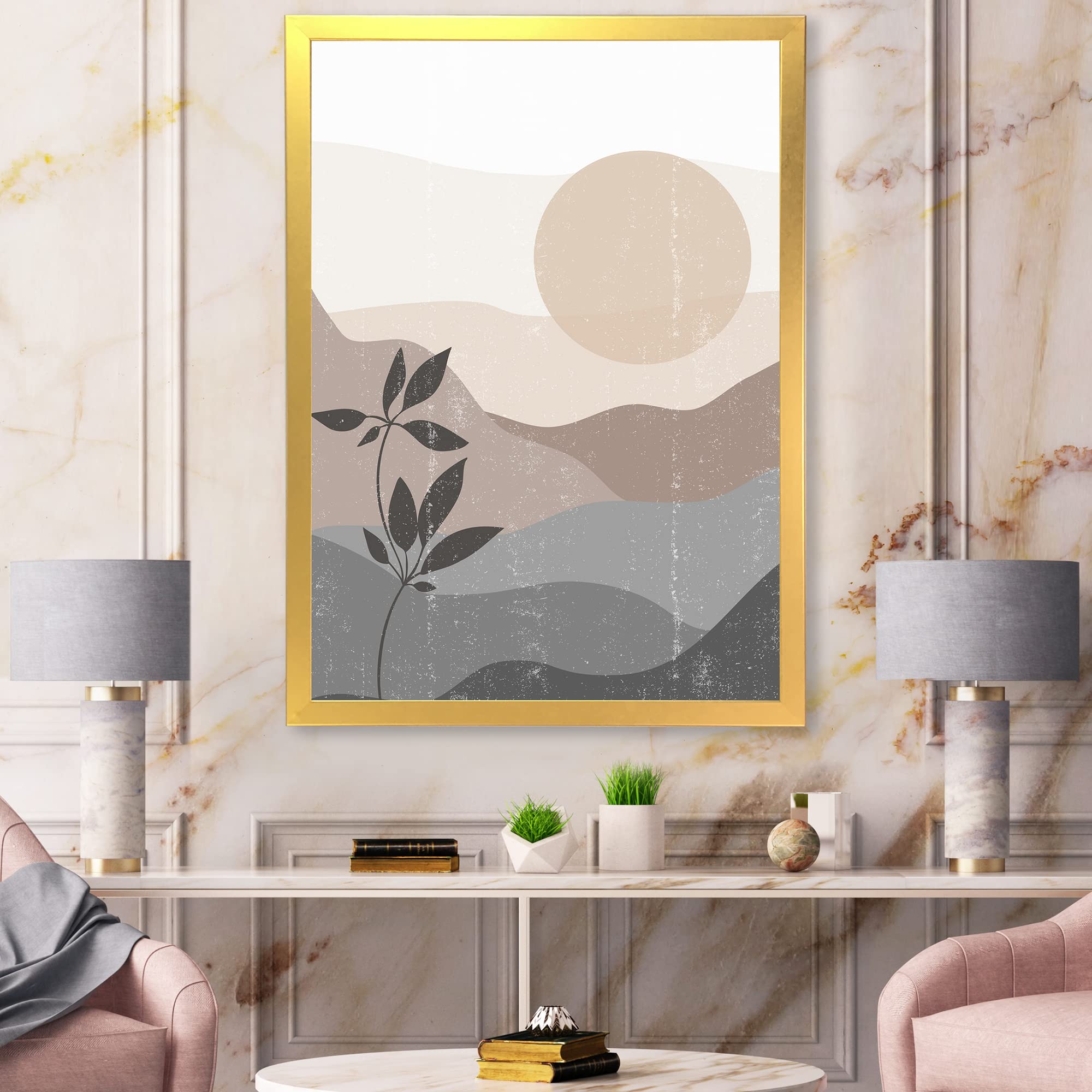 Minimalist Mountain Landscape Sunset Painting - Modern Framed Wall Art Decor for Living Room, Bedroom & Office