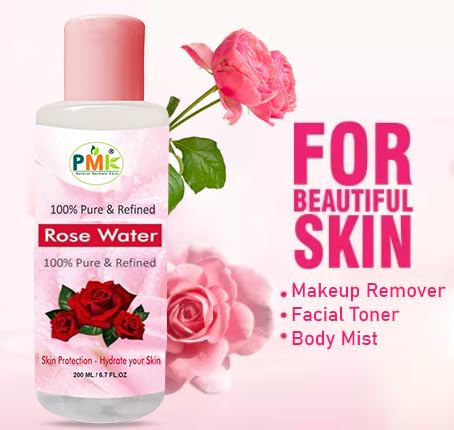 PMK Pure & Natural Rose Water (Gulab Jal) - 200ml Hydrating Facial Toner & Hair Mist for Glowing Skin & Shiny Hair | Perfect for Daily Skincare, Makeup Setting & Hair Refreshment