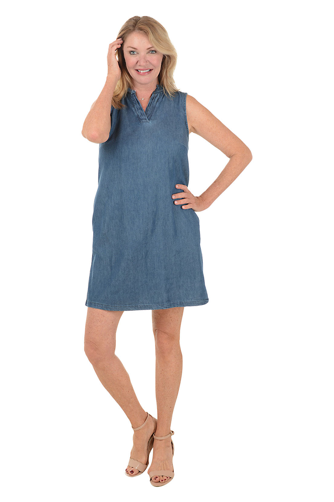 Distressed Collar Sleeveless Denim Dress for Women - Vintage Blue Denim Shirt Dress for Casual Outings, Summer Parties & Boho Style