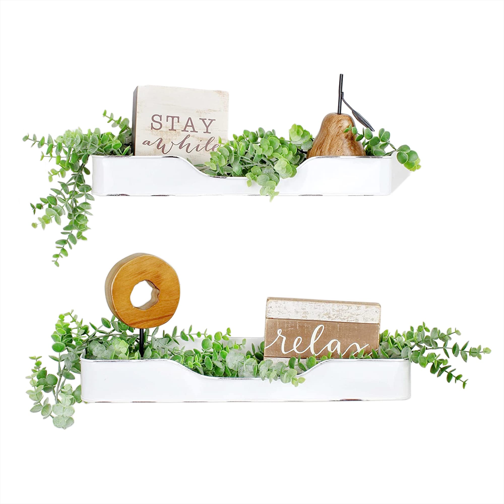 AuldHome 2-Pack Farmhouse Enamel Tray Shelves - Rustic Bathroom Wall Decor, White Enamelware Storage Shelves for Bathroom, Kitchen, or Bedroom Organization