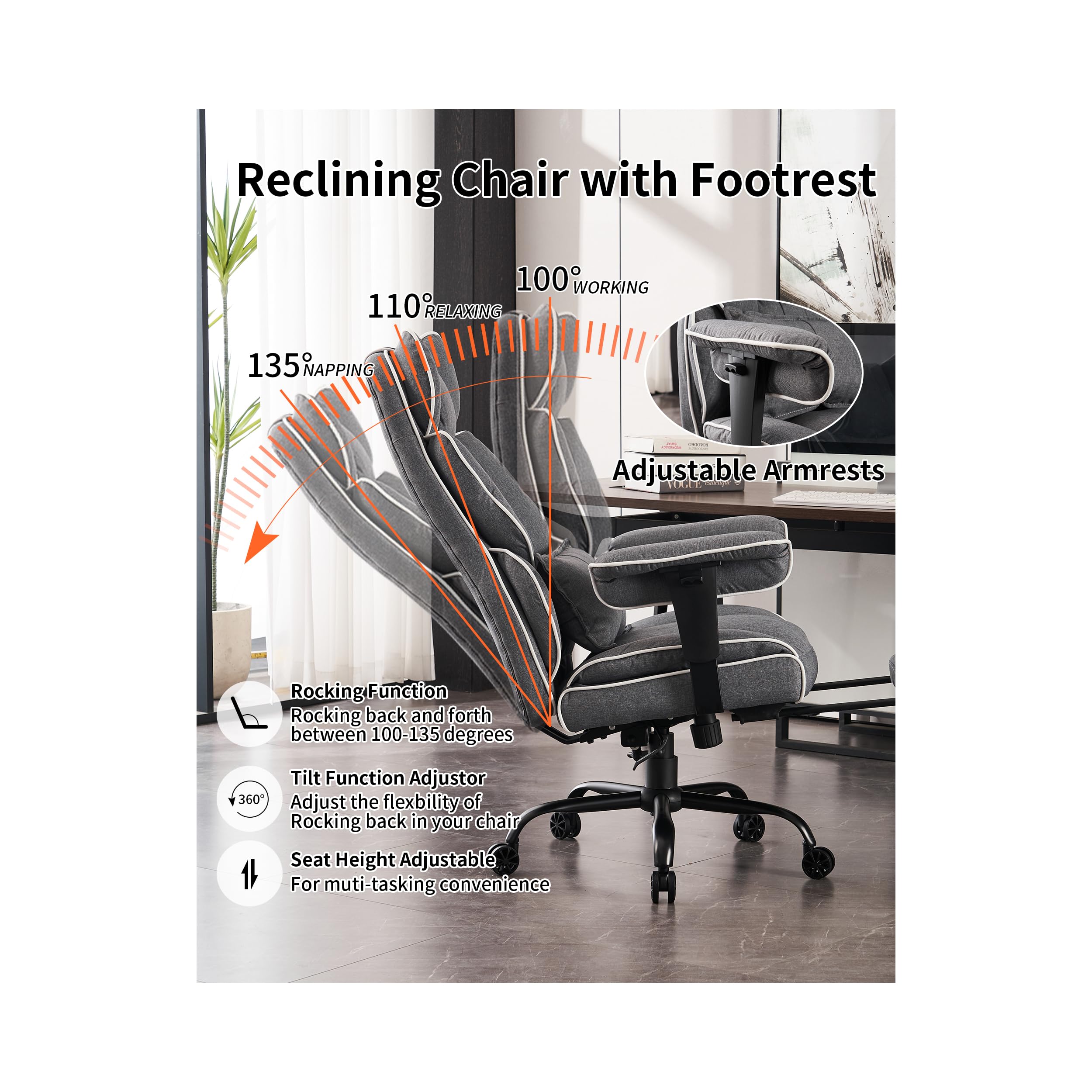Efomao Fabric Office Chair - Big and Tall Executive Chair with 400 lb Weight Capacity, High Back Ergonomic Design & Foot Rest - Gray - Perfect for Home Office, Gaming, and Back Pain Relief