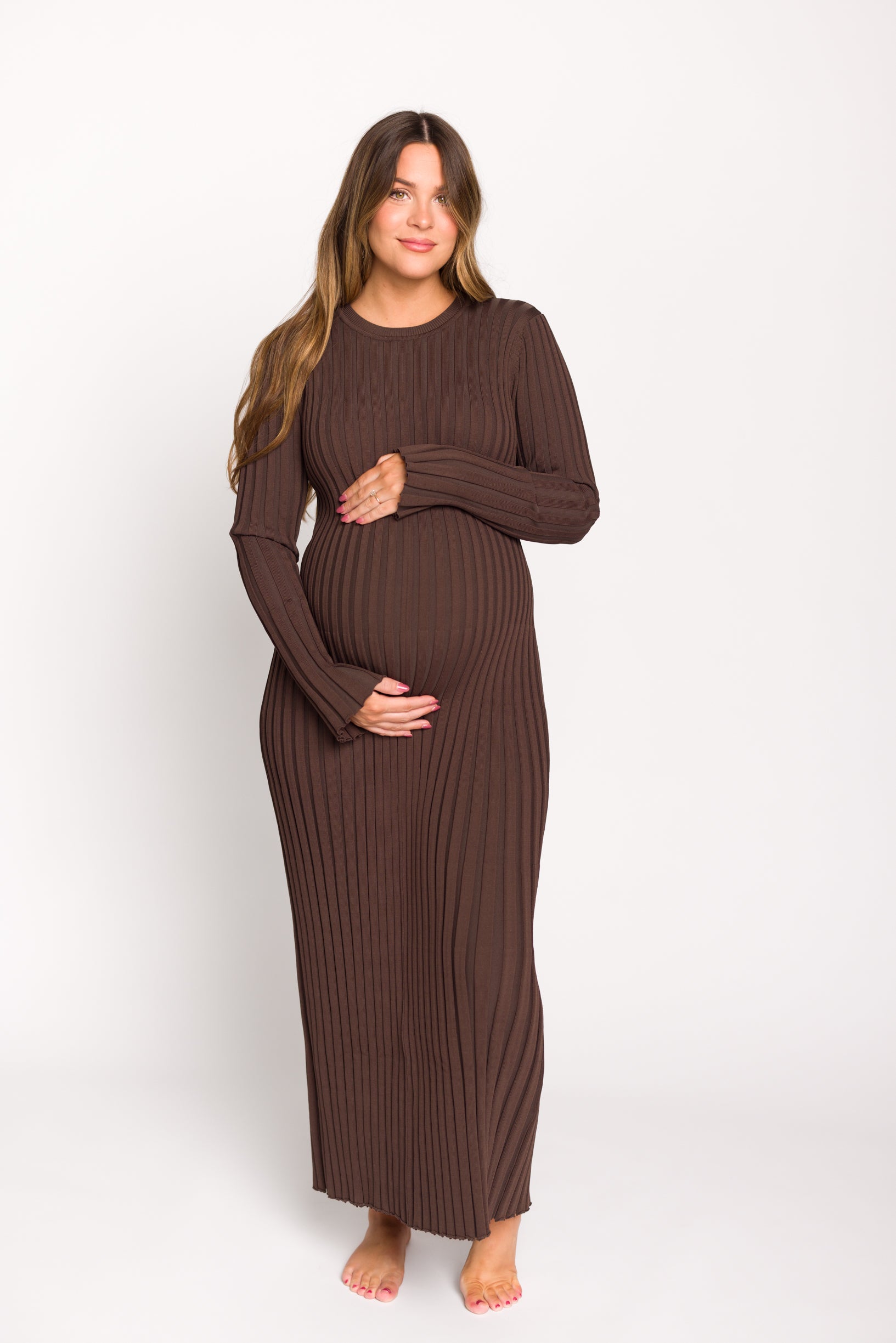 Colette Premium Long Sleeve Ribbed Knit Maxi Dress - Brown Maternity Dress for Pregnancy | Bump Friendly, Comfortable & Stylish for Casual Outings, Date Nights & Special Occasions