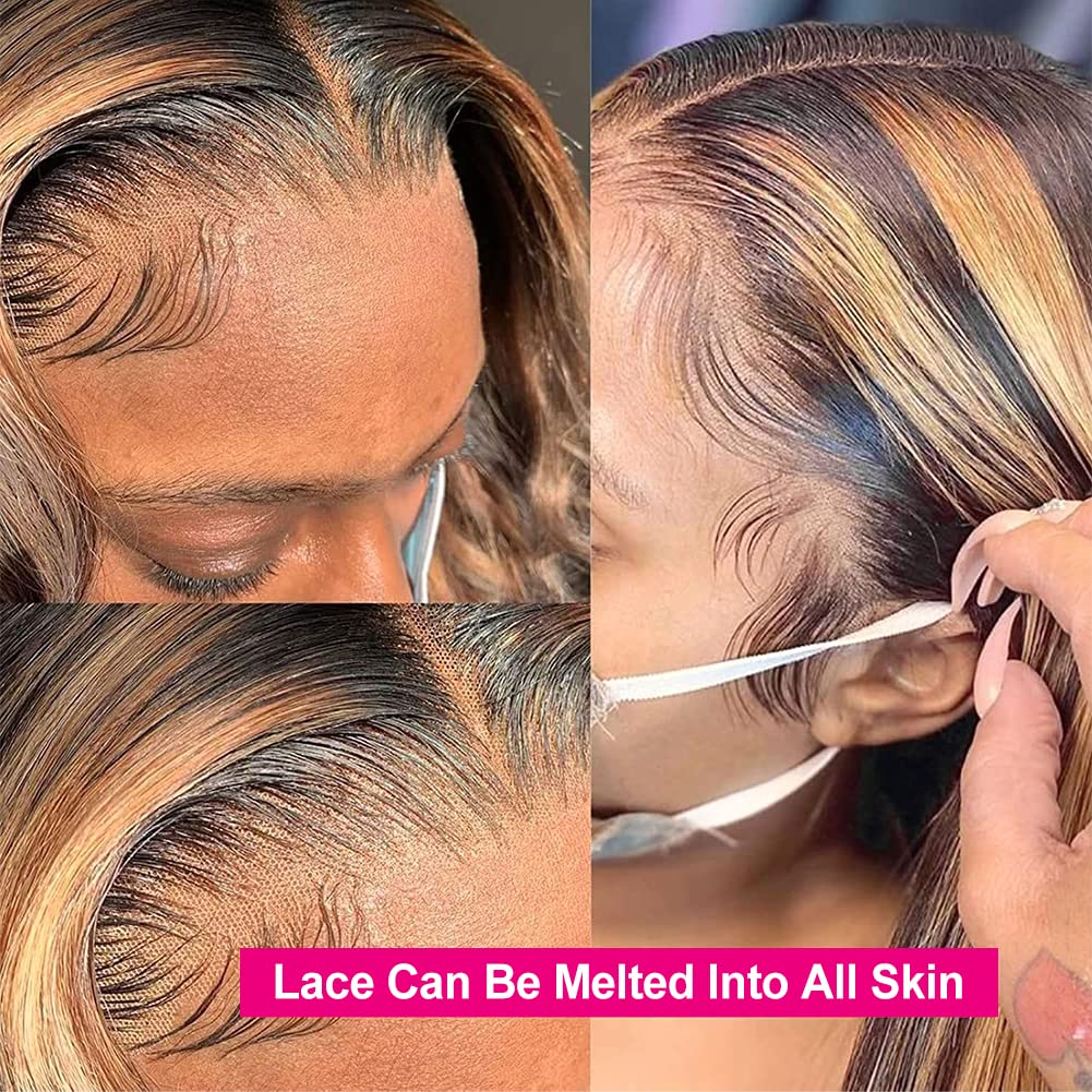 Flady Ombre Lace Front Human Hair Wig - Pre Plucked 4/27 Honey Blonde HD Lace Frontal Wig for Black Women | 150% Density Straight Human Hair Wig | Perfect for Daily Wear, Cosplay & Special Occasions