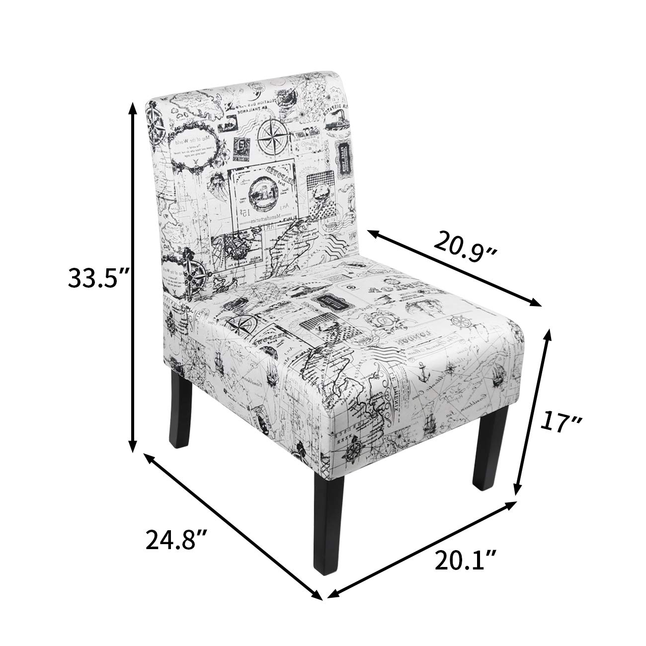 Modern Fabric Print Armless Accent Chair - Decorative Corner Side Slipper Vanity Chair for Bedroom, Living Room & Office - Map Design White - Perfect for Small Spaces, Reading Nooks & Home Decor