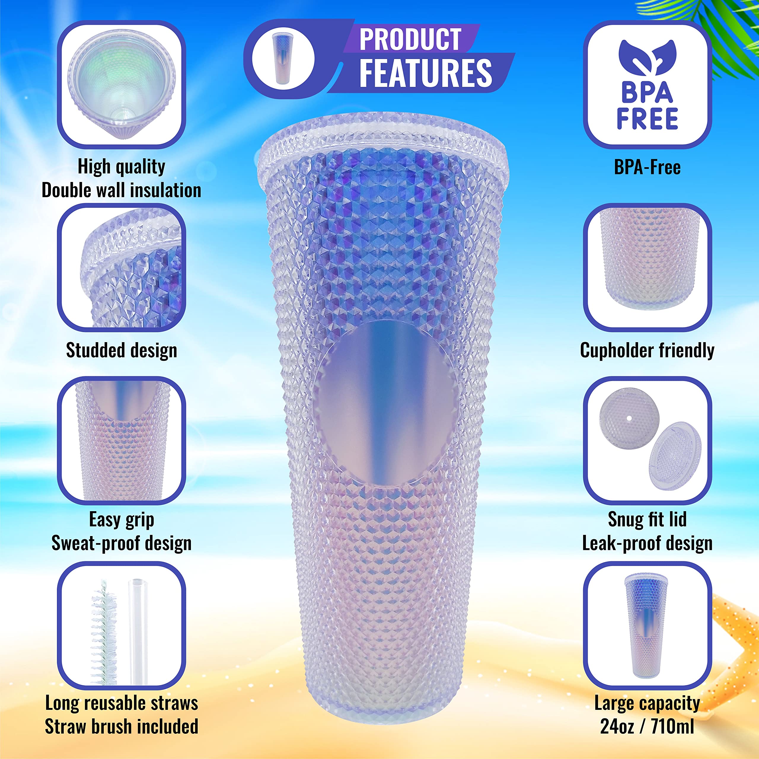 24oz Studded Ombre Tumbler with Lid and Straw - Reusable Insulated Cup for Hot & Cold Drinks - Perfect for Office, Gym, Travel, and Outdoor Activities