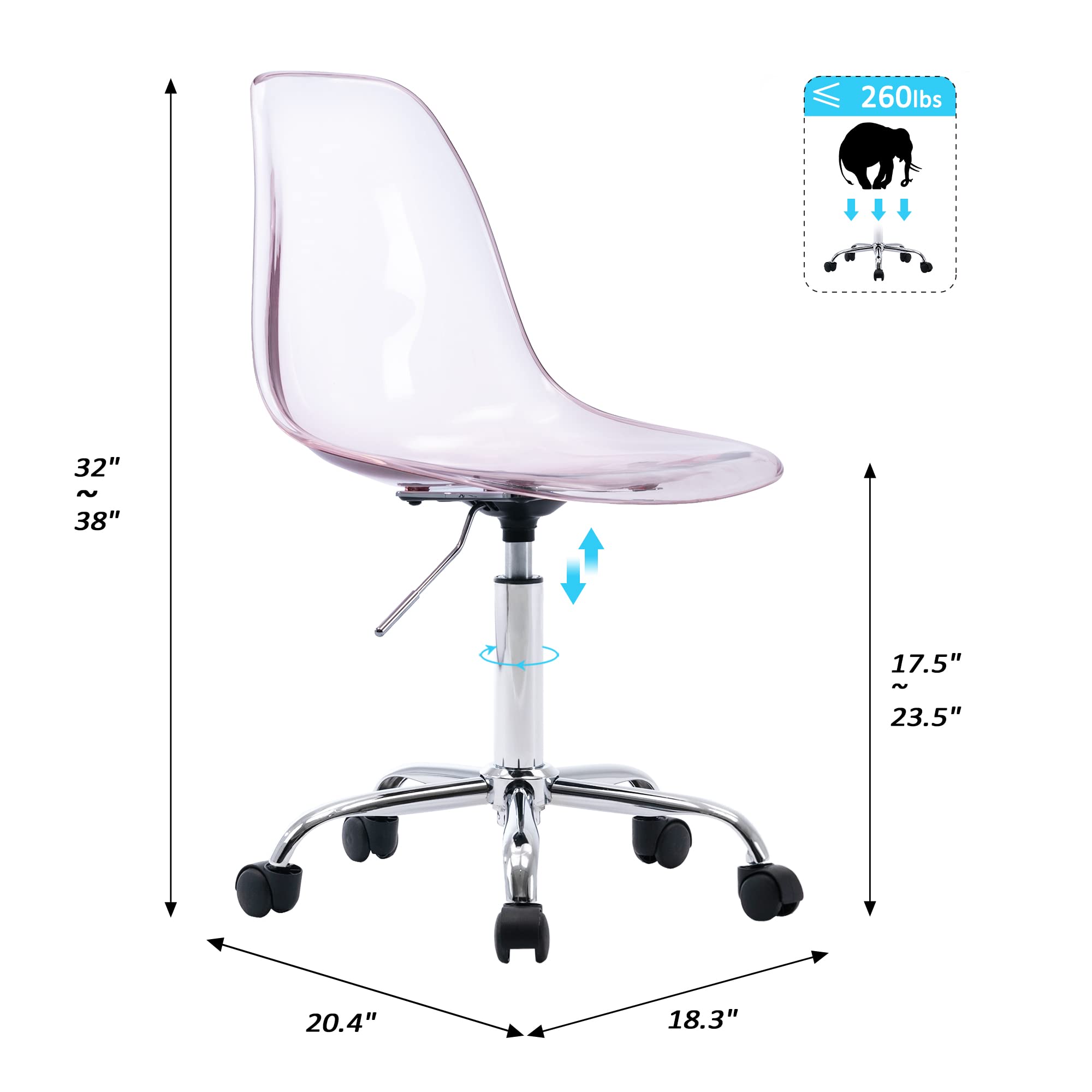 HOMEFUN Clear Acrylic Rolling Armless Swivel Chair - Height Adjustable Ghost Molded Plastic Office Chair with Wheels, Pink - Perfect for Home Office, Vanity Desk, and Modern Workspace Decor