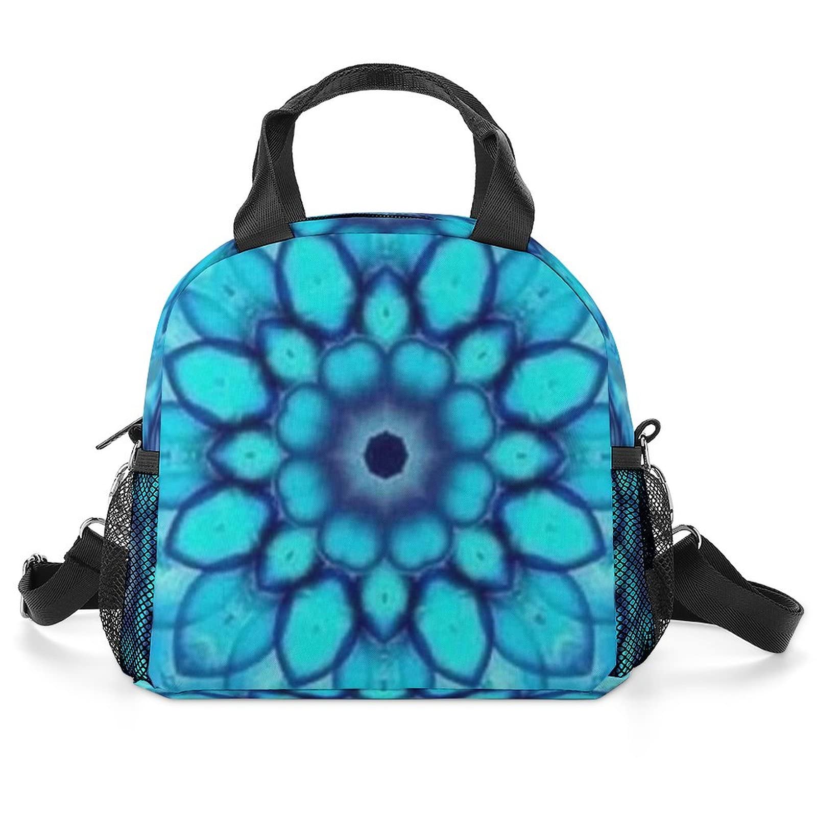 JZDACH Insulated Leakproof Lunch Bag for Women & Girls - Reusable Cooler Tote with Shoulder Strap, Zipper Closure - Perfect for Work, School, Picnic & Camping - Trippy Tie Dye Blue Flower Design for Stylish Meals On-The-Go