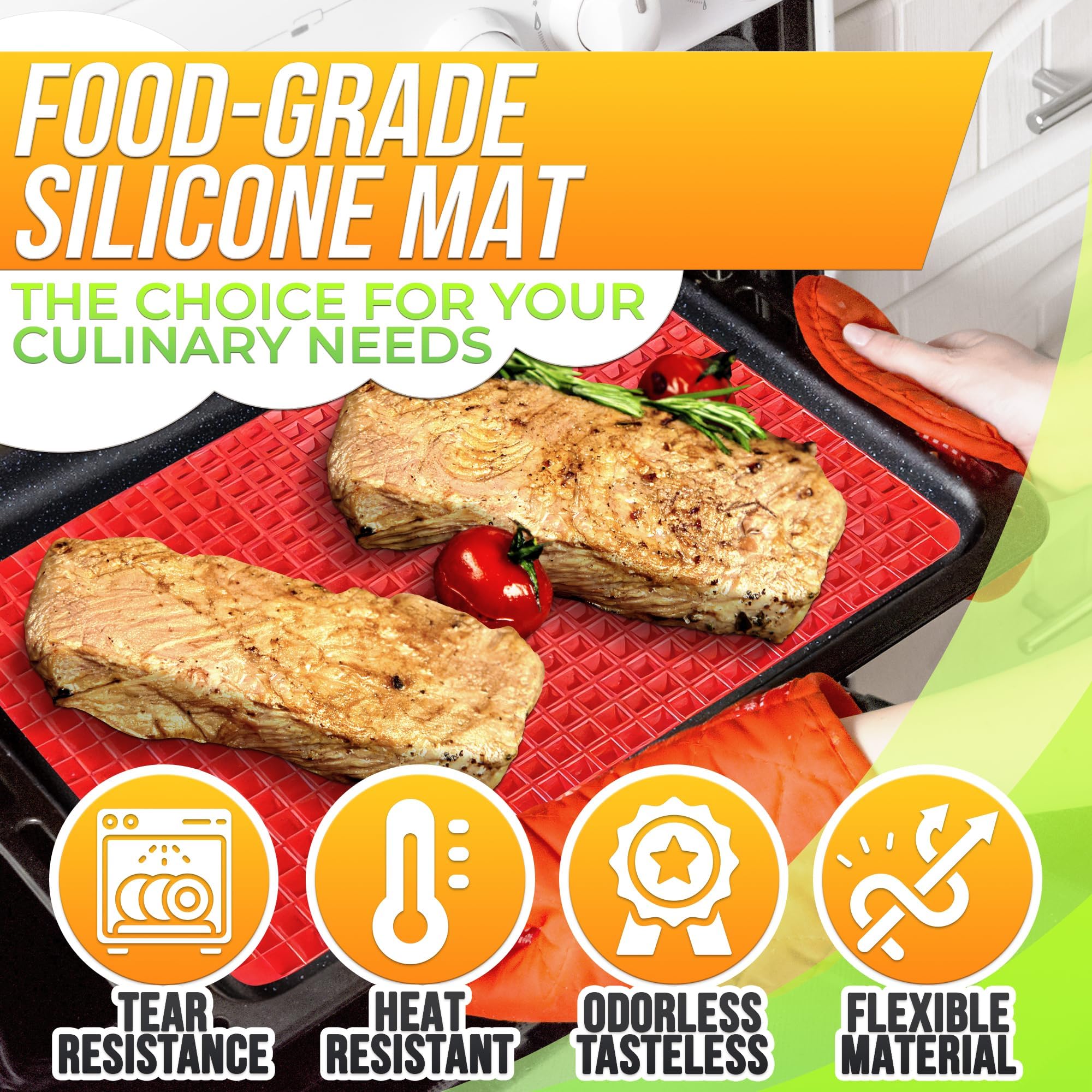 Non-Stick Silicone Baking Mat 16x11.5 Inches - Food Grade Oven & Microwave Safe Cooking Mat with Red Pyramid Design for Roasting, BBQ, Pastry Making - Fat Filtering, Flexible & Easy to Clean - Perfect for Baking Cookies, Roasting Vegetables & Cooking Bacon