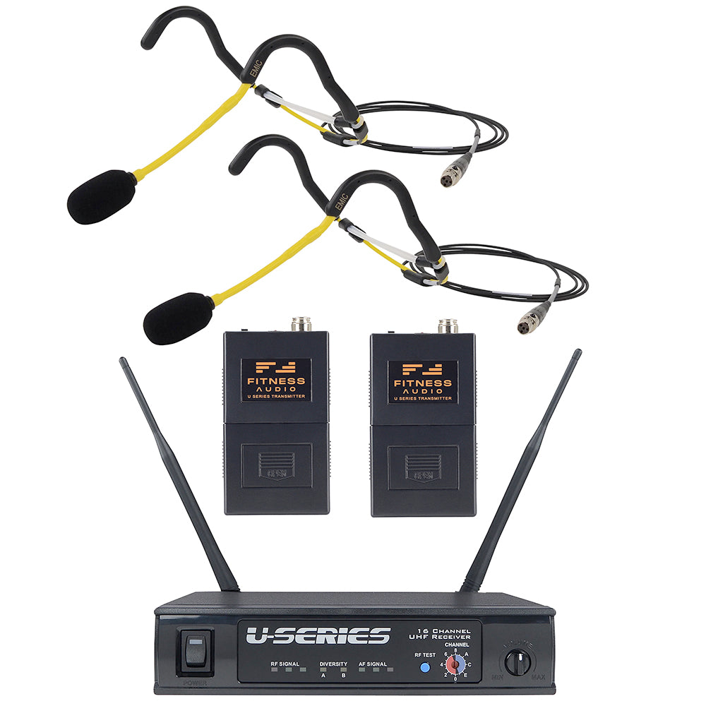 Fitness Audio U Series Heavy Duty Wireless Headset System Bundle with 2 EMic Microphones - Ideal for Gyms, Studios & Group Workouts