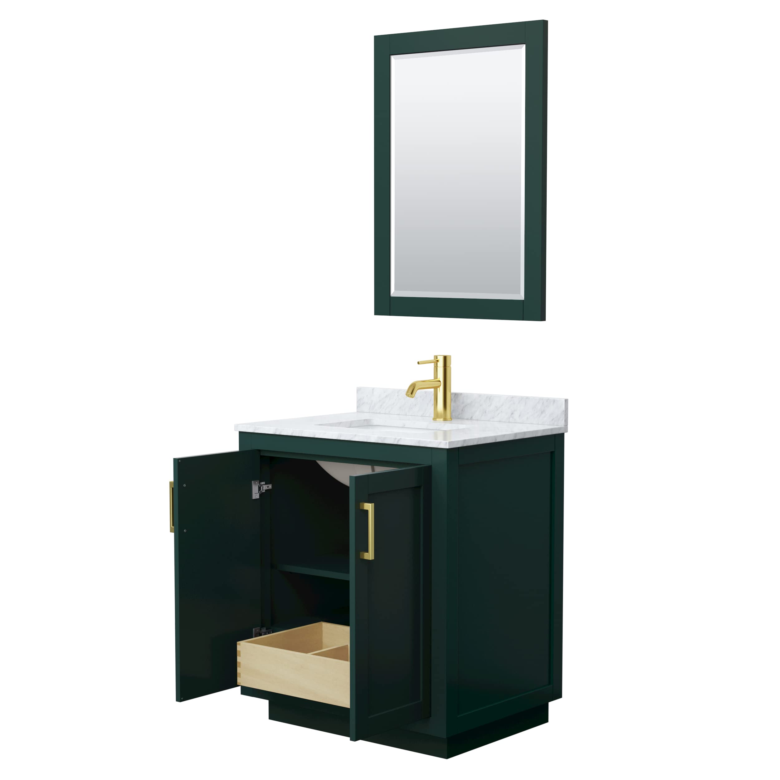 Wyndham Collection Miranda 30 Inch Green Bathroom Vanity with White Carrara Marble Countertop, Undermount Square Sink & Brushed Gold Trim - Includes 24 Inch Mirror | Modern Bathroom Upgrade for Small Spaces & Apartments
