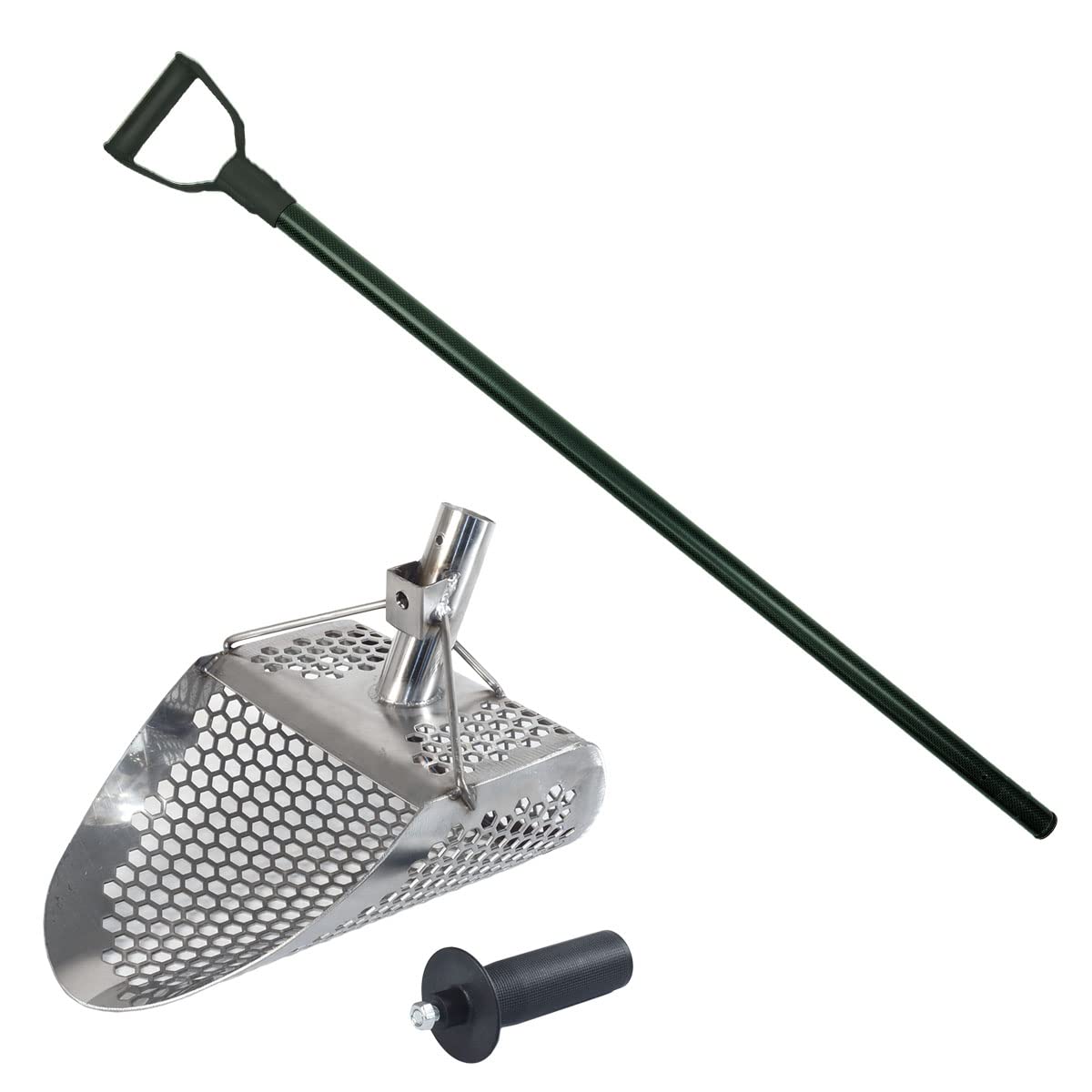Premium Stainless Steel Beach Sand Scoop for Metal Detecting - Lightweight Carbon Fiber Pole with Handle & String - Hydra 11x8 Round - Perfect for Treasure Hunting, Beachcombing & Outdoor Adventures