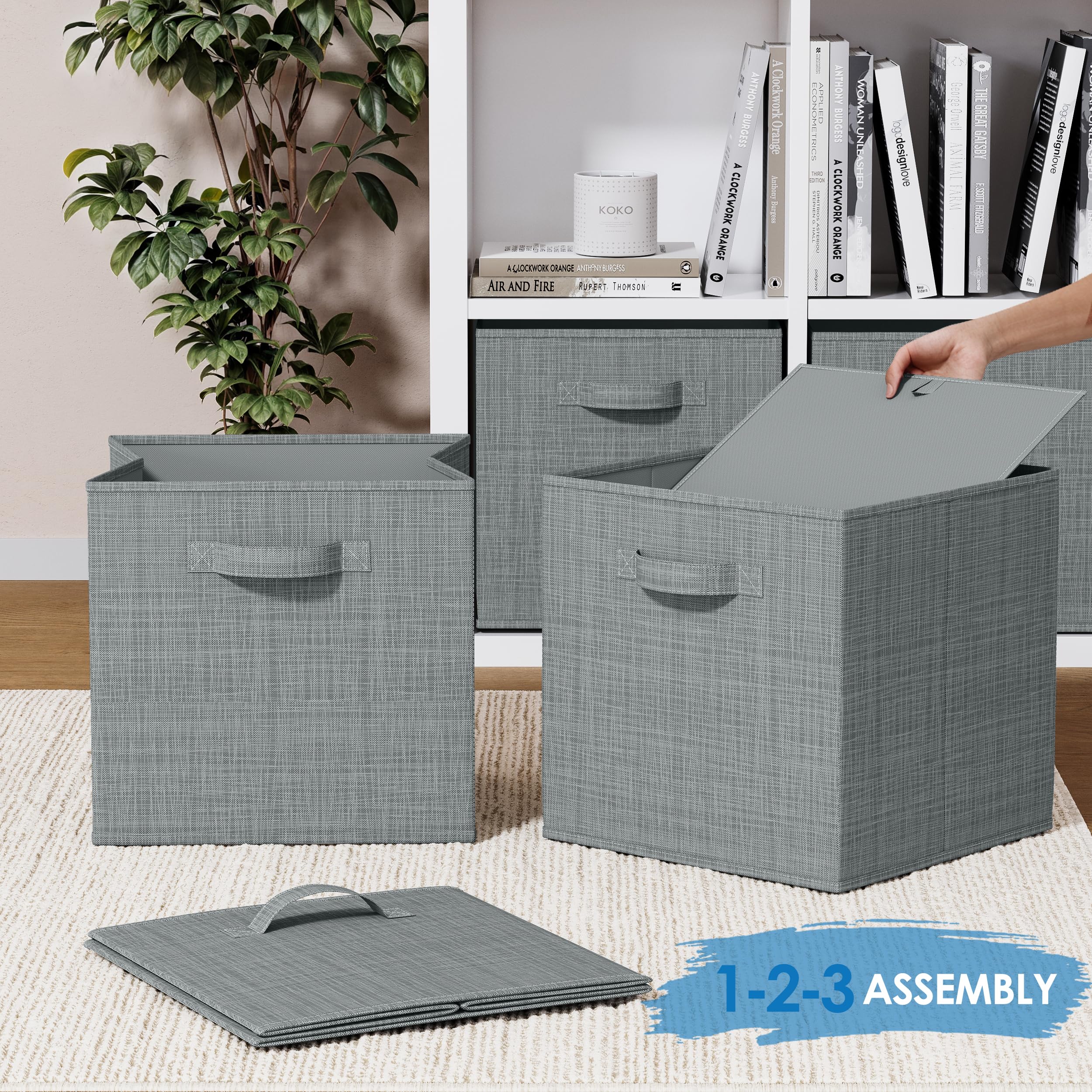 Heavy Duty Fabric Storage Cubes 6-Pack - 13 Inch Cube Organizer Bins, Textured Light Grey Shelving Baskets for Clothes, Toys & Home Organization - Perfect for Closets, Shelves, Cubbies & Nursery Storage