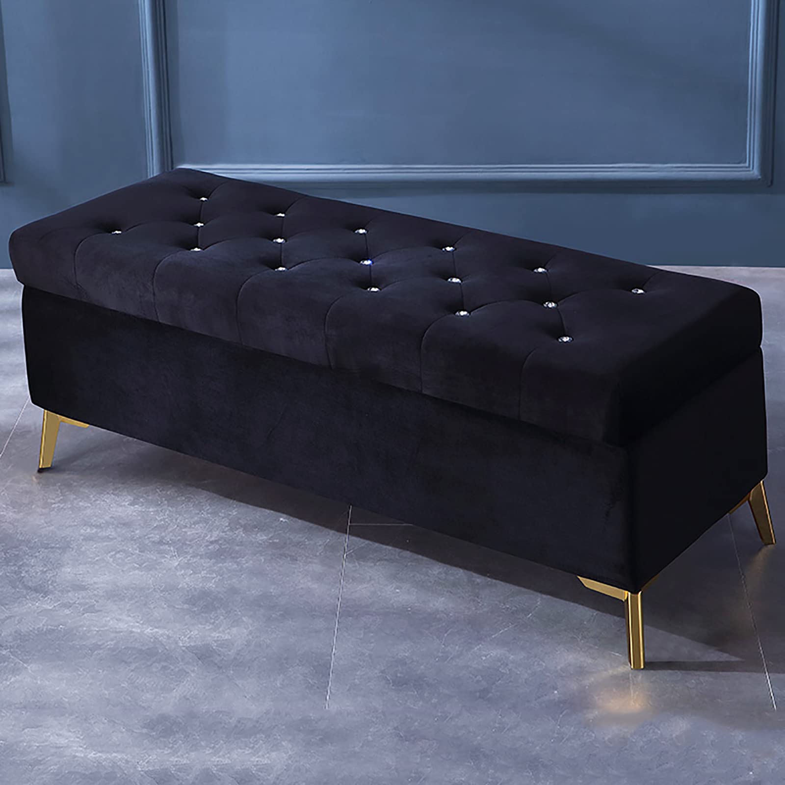 BB&UU Velvet Upholstered Storage Ottoman Bench - Black (60x42x45cm/24x17x18inch) | Modern Living Room Footrest, Entryway Shoe Bench & Bedroom Decor | Perfect for Small Space Organization, Bedside Seating & Entryway Storage