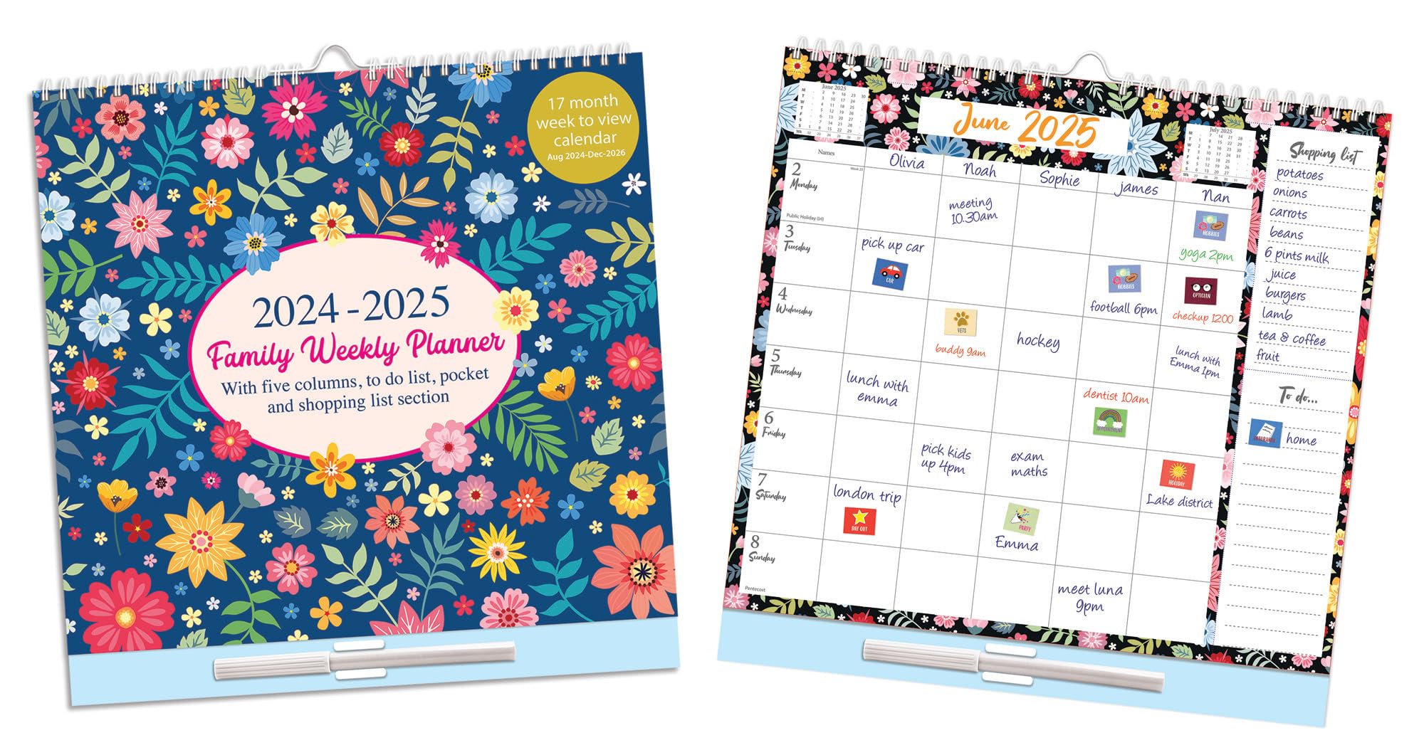 2024-2025 Large Family Wall Planner - 17 Month Weekly Calendar with 5 Columns, Memo Pad, Shopping List & Stickers (Aug 2024-Dec 2025) | Perfect for Home Organization, School Schedules & Office Planning