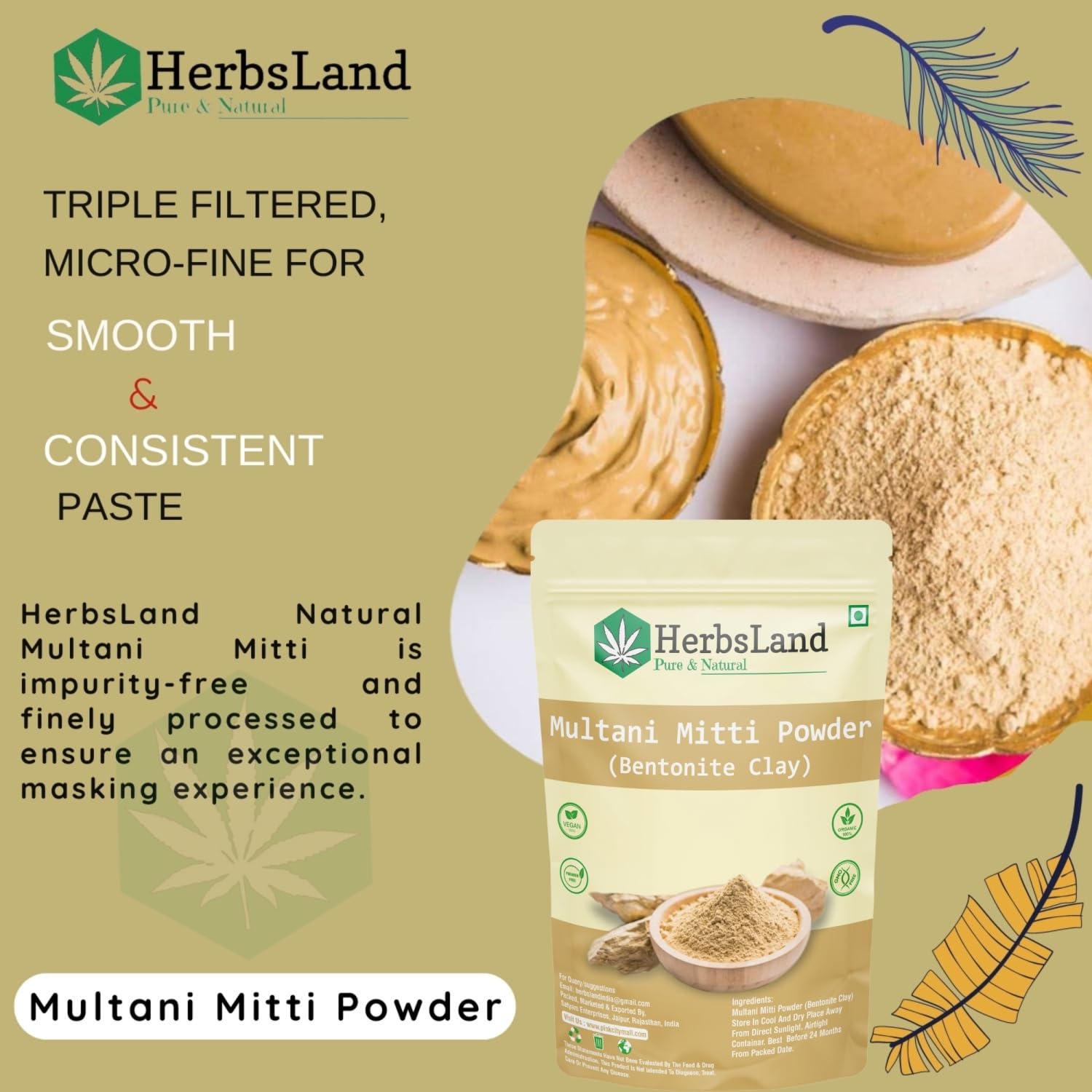 HerbsLand® 100% Pure Natural Masoor Dal Red Lentils Face Wash Powder with Multani Mitti & Neem Leaf Powder for Skin Care | Brightening Face Mask for Glowing Complexion | Anti-Tan & Pimple Treatment | 100g Each - Perfect for Daily Skincare Routine & Spa Treatments