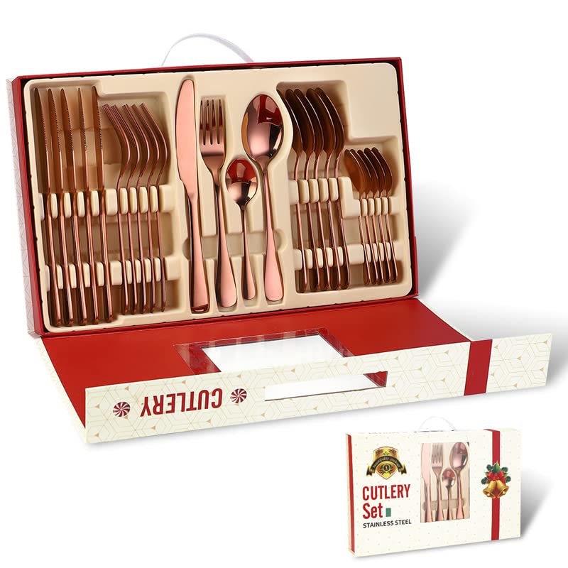 24-Piece Stainless Steel Silverware Flatware Set - Rose Gold Luxury Cutlery (Forks, Spoons, Knives) - Dishwasher Safe Dinnerware for Christmas, Thanksgiving & Formal Dining