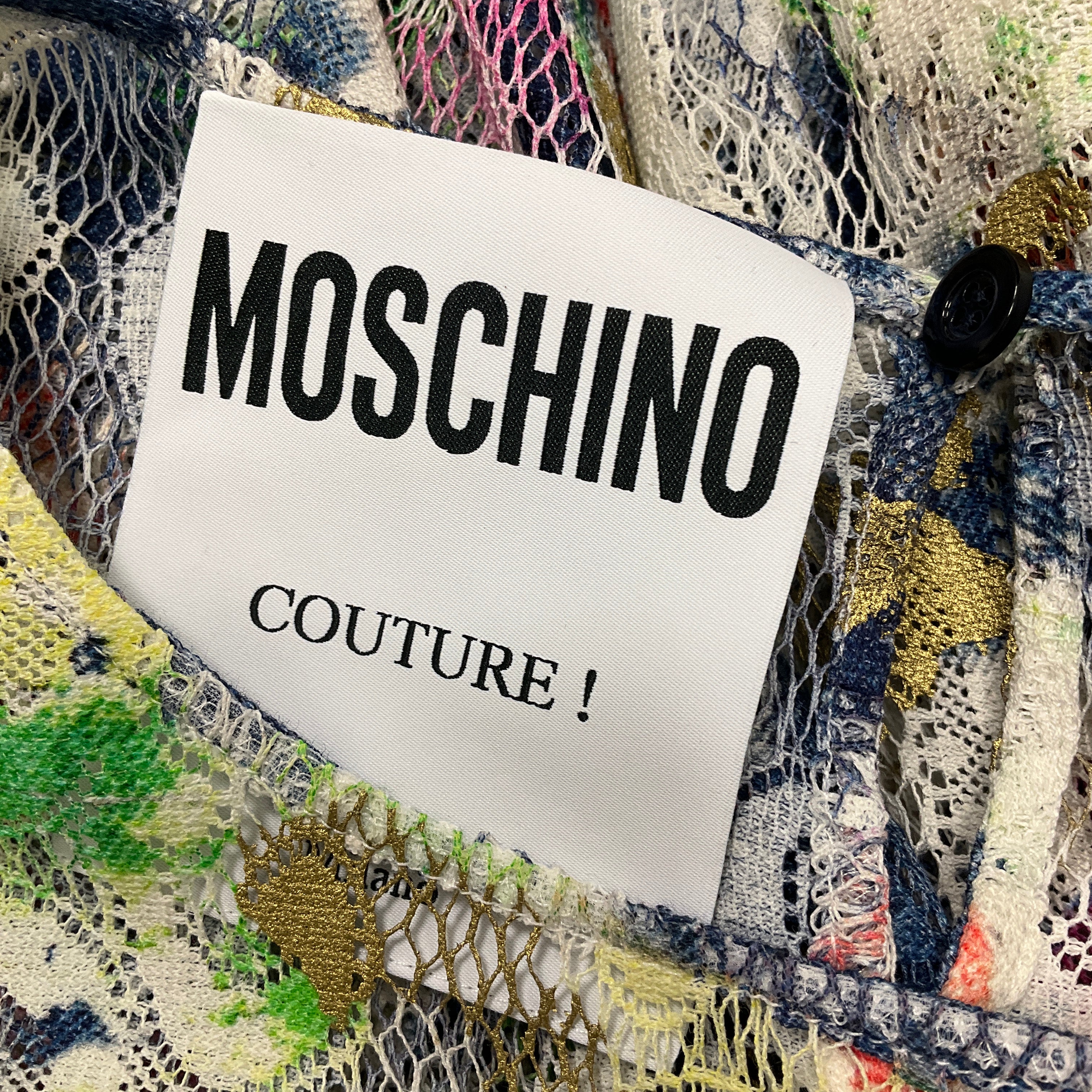 Moschino Couture Ivory Pink Blue Multi Sleeveless Lace Dress 2019 Collection - Perfect for Weddings, Parties & Special Occasions