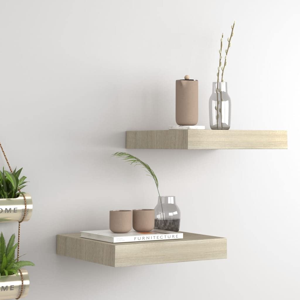 Floating Wall Shelves Set of 2 - Solid Oak Wood Modern Display & Storage Shelves 9.1