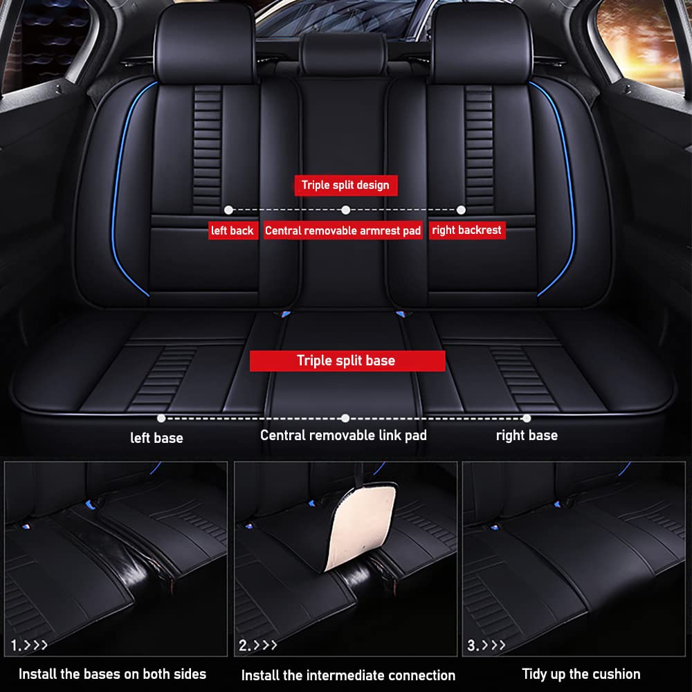 Universal Fit PU Leather Car Seat Covers Full Set for 2016 Chevy Cruze Limited - Black & Blue Stitching with Headrest & Lumbar Support - Perfect for Daily Commuting, Road Trips & Interior Protection