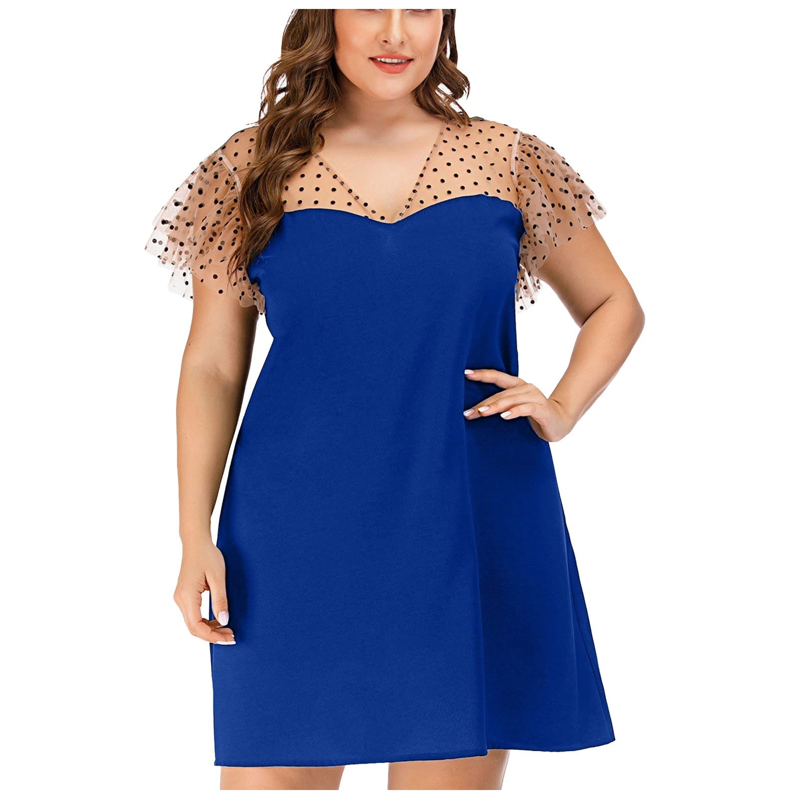 Plus Size Summer Dress for Women - Sexy V-Neck Lace Knee Length Midi Dress with Patchwork Short Sleeves | Perfect for Beach Vacations, Date Nights & Special Occasions