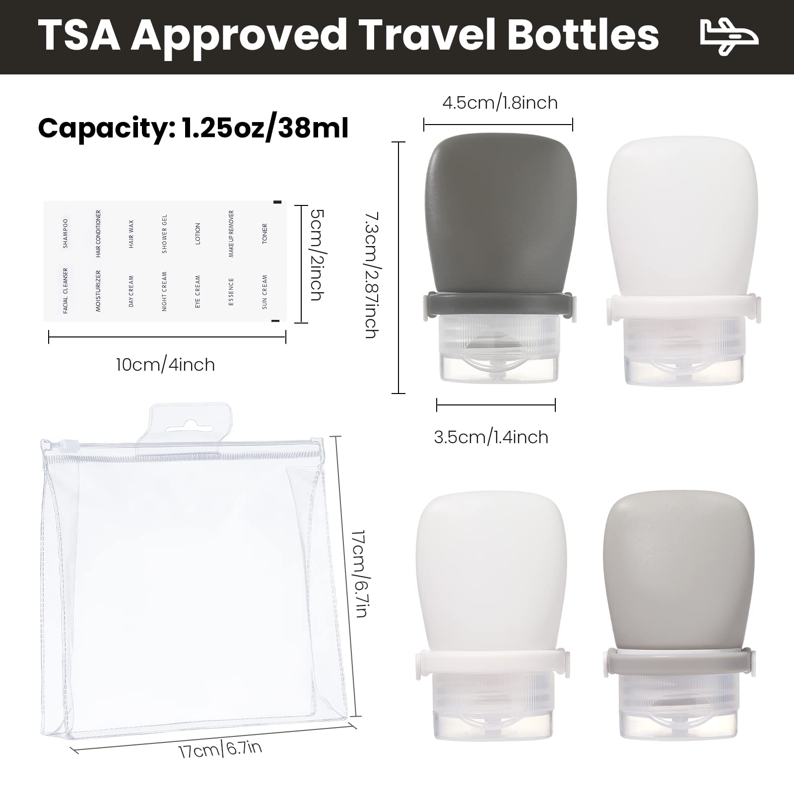 RONRONS 1oz Silicone Travel Bottles - TSA Approved Leak Proof Squeeze Containers for Shampoo, Conditioner, Toiletries, Sauces & Salad Dressings (4 Pack) - Perfect for Travel, Camping, Gym & Home Use