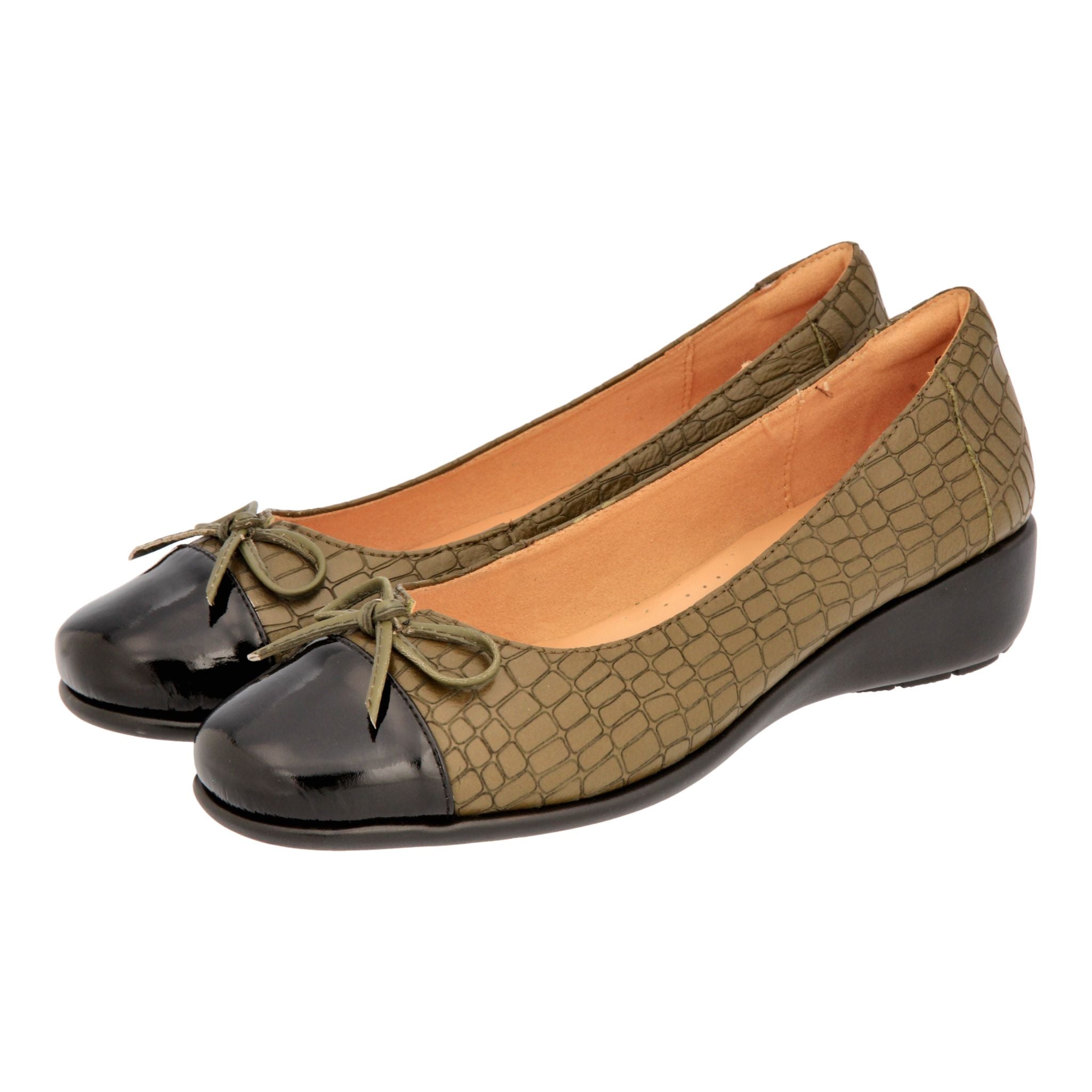Barani Khaki Croc Leather Pumps with Micro Wedge Heel and Fixed Ribbon - Comfortable Women's Dress Shoes for Office, Wedding & Special Occasions