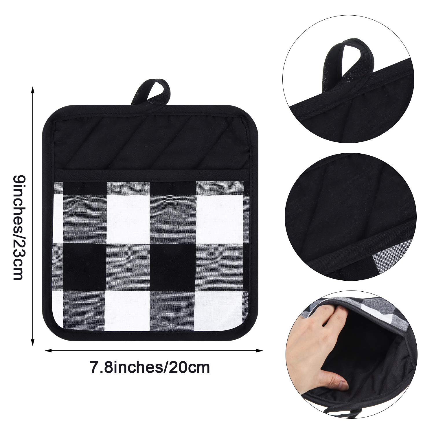 4-Piece Buffalo Check Pot Holders with Pockets - Black and White Plaid Kitchen Gloves for Cooking, Baking & Grilling - Heat Resistant Oven Mitts for Holiday Decor & Home Use