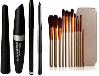 KAARM Hyper Glossy Eyeliner, Hypercurl Mascara, Eyebrow Pencil & 12-Piece Makeup Brush Set - Waterproof Long-Lasting Eye Makeup Kit for Professional & Everyday Use