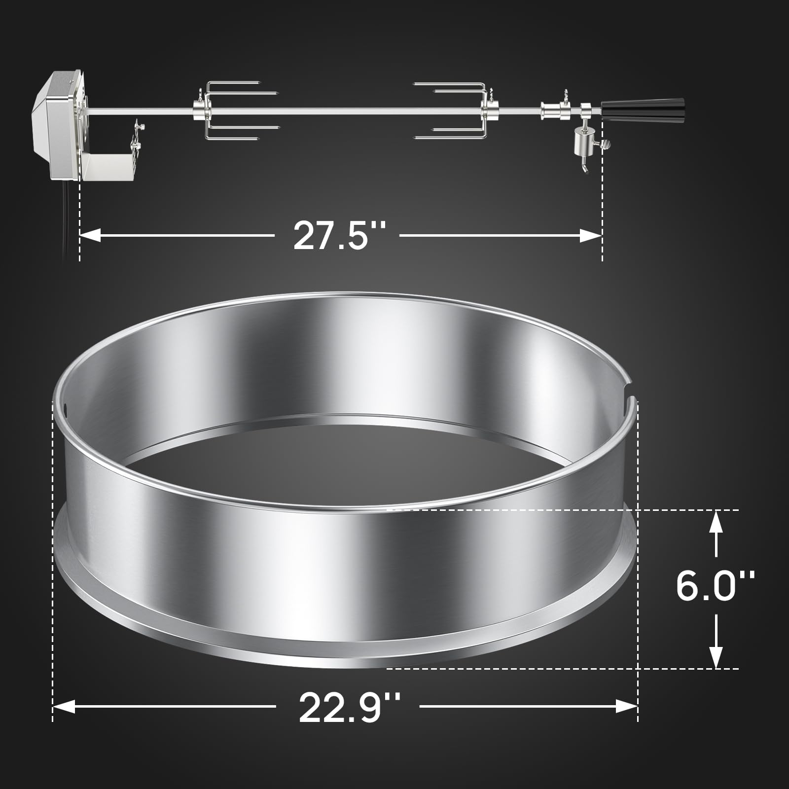 TURBRO Stainless Steel Rotisserie Ring Kit for 22-Inch Charcoal Kettle Grill - Includes 4W Electric Motor, 5/16