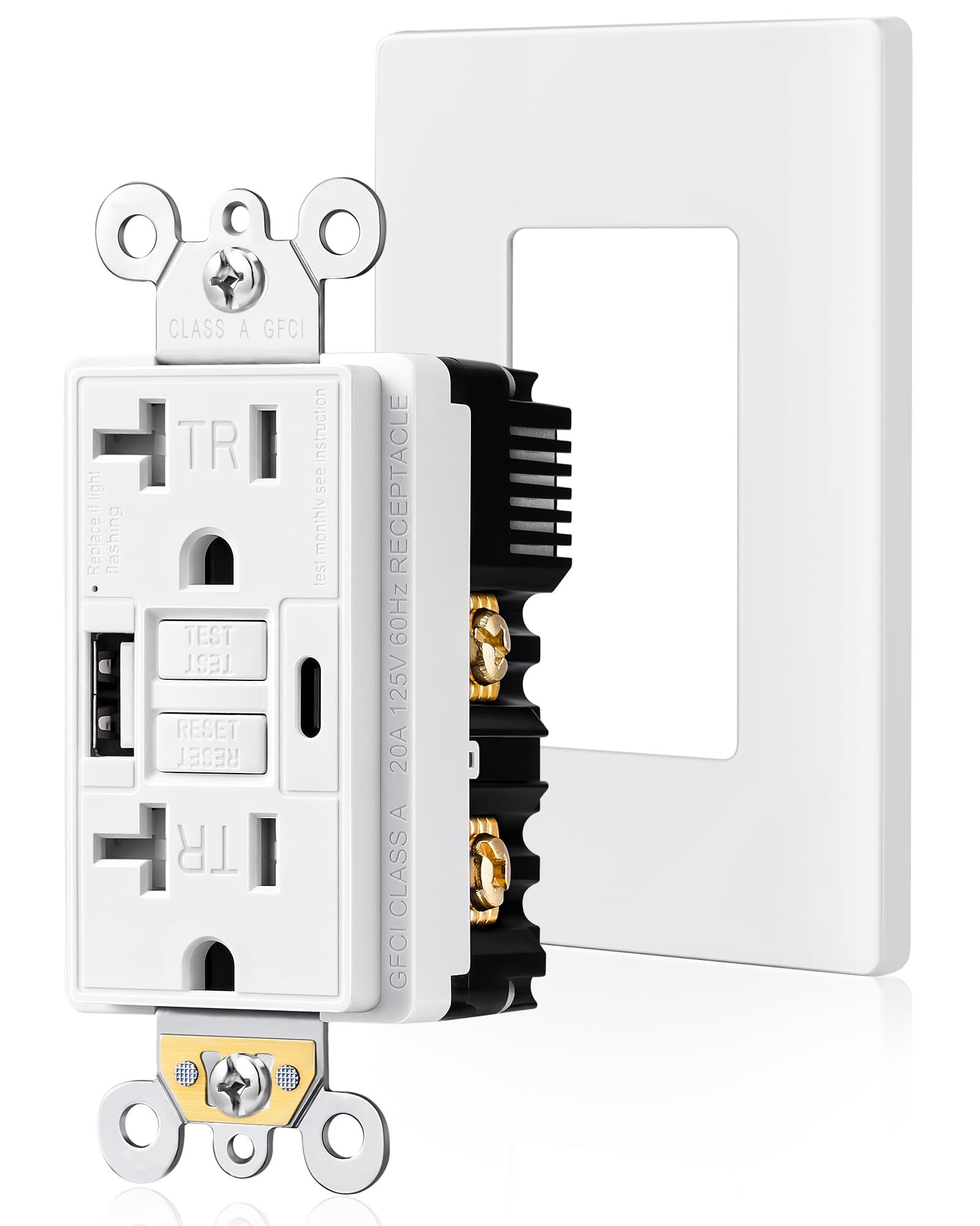 20 Amp GFCI Outlet with USB-C & USB-A Ports - Self-Test Tamper-Resistant Electrical Outlet - Includes Screwless Wall Plate - ETL Listed - White (1-Pack) - Perfect for Home, Office & Kitchen Charging Stations