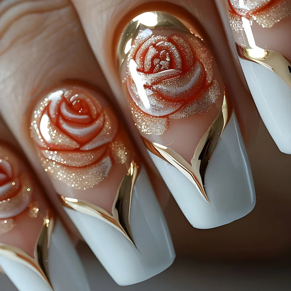 24Pcs Long Ballet False Nails - Dark Red Flower Press on Nails with Stripe French Coffin Design | Romantic Rose Medium Acrylic Fake Nails for Parties, Weddings & Special Occasions