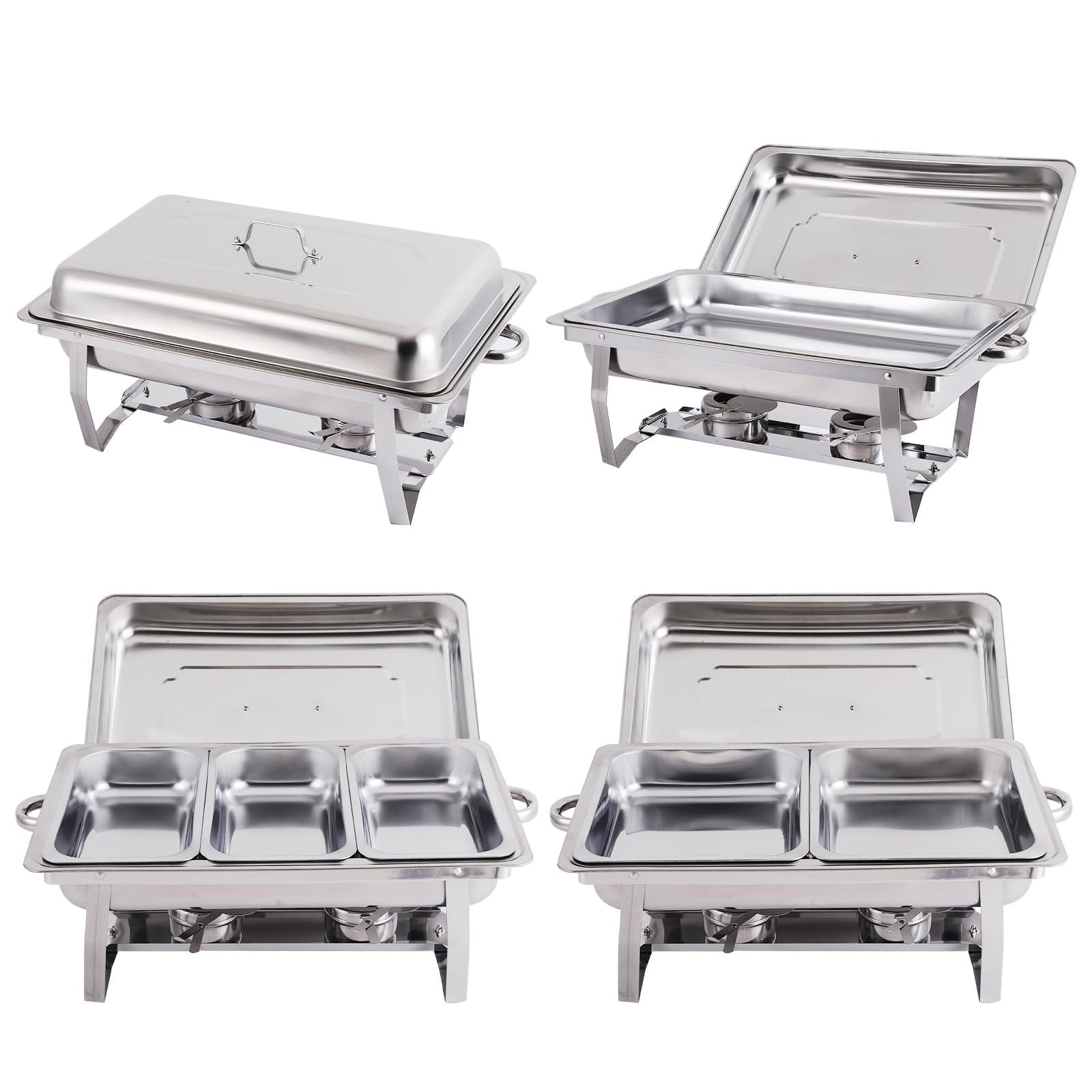 4 Pack 8QT Stainless Steel Chafing Dish Buffet Set - 2 Full Size, 2 Half Size & 3 1/3 Size Food Pans - Catering Food Warmers for Party, Wedding, Banquet, Buffet & Catering Events - Perfect for Keeping Food Hot at Events, Restaurants & Home Entertaining
