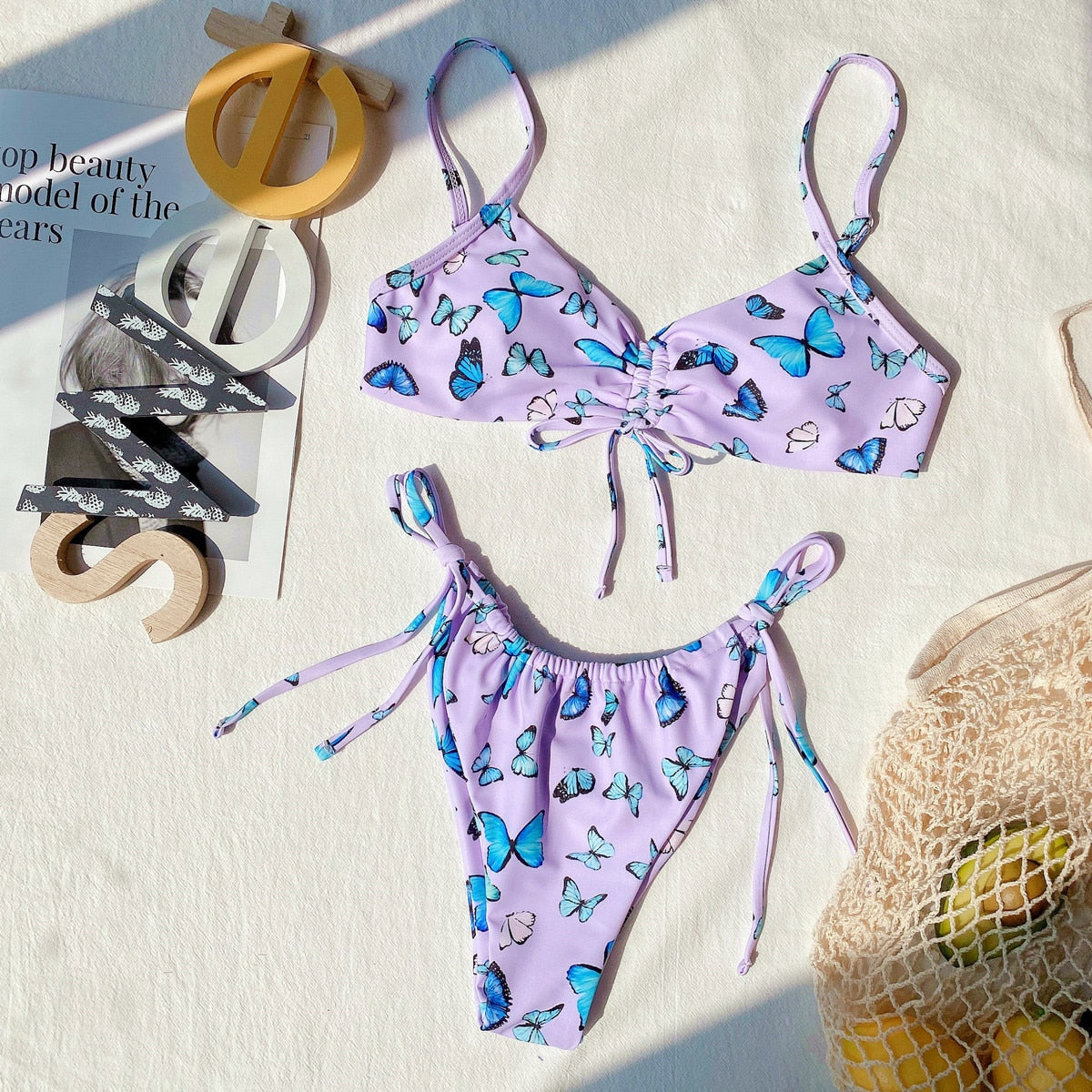 Sexy Butterfly Print Push Up Bikini Set - Drawstring & Knotted Design Women's Swimwear for Beach, Pool & Vacation
