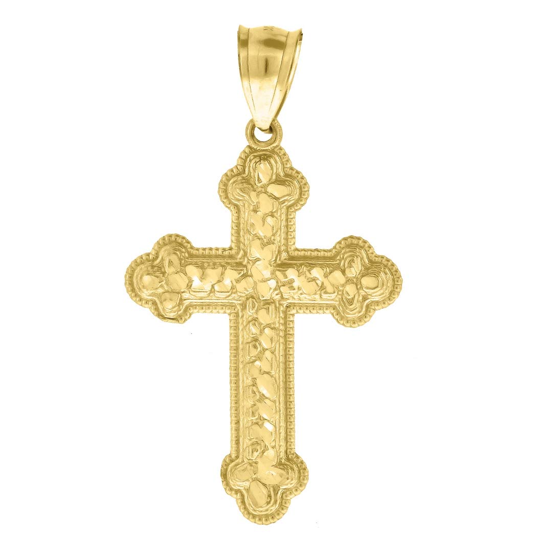 10K Yellow Gold Nugget Textured Cross Pendant Necklace for Men & Women - Religious Charm Jewelry Gift (39.9x22.80mm) - Perfect for Baptism, Confirmation, Christmas & Everyday Faith Wear