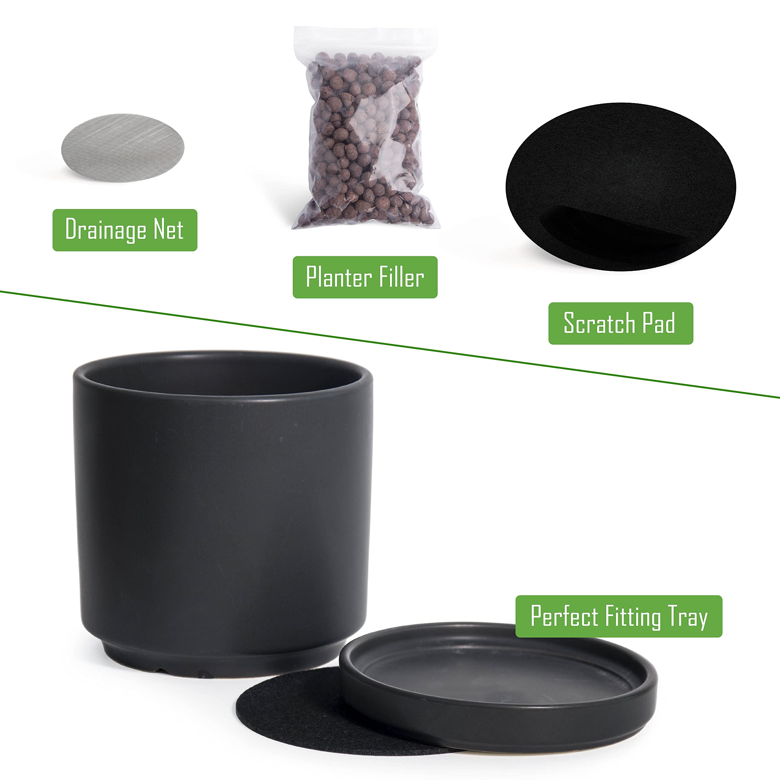 D'vine Dev 8 & 10 Inch Ceramic Plant Pots with Drainage Hole and Saucer - Large Black Flower Planters for Indoor Outdoor Home Garden Decor (Set of 2)