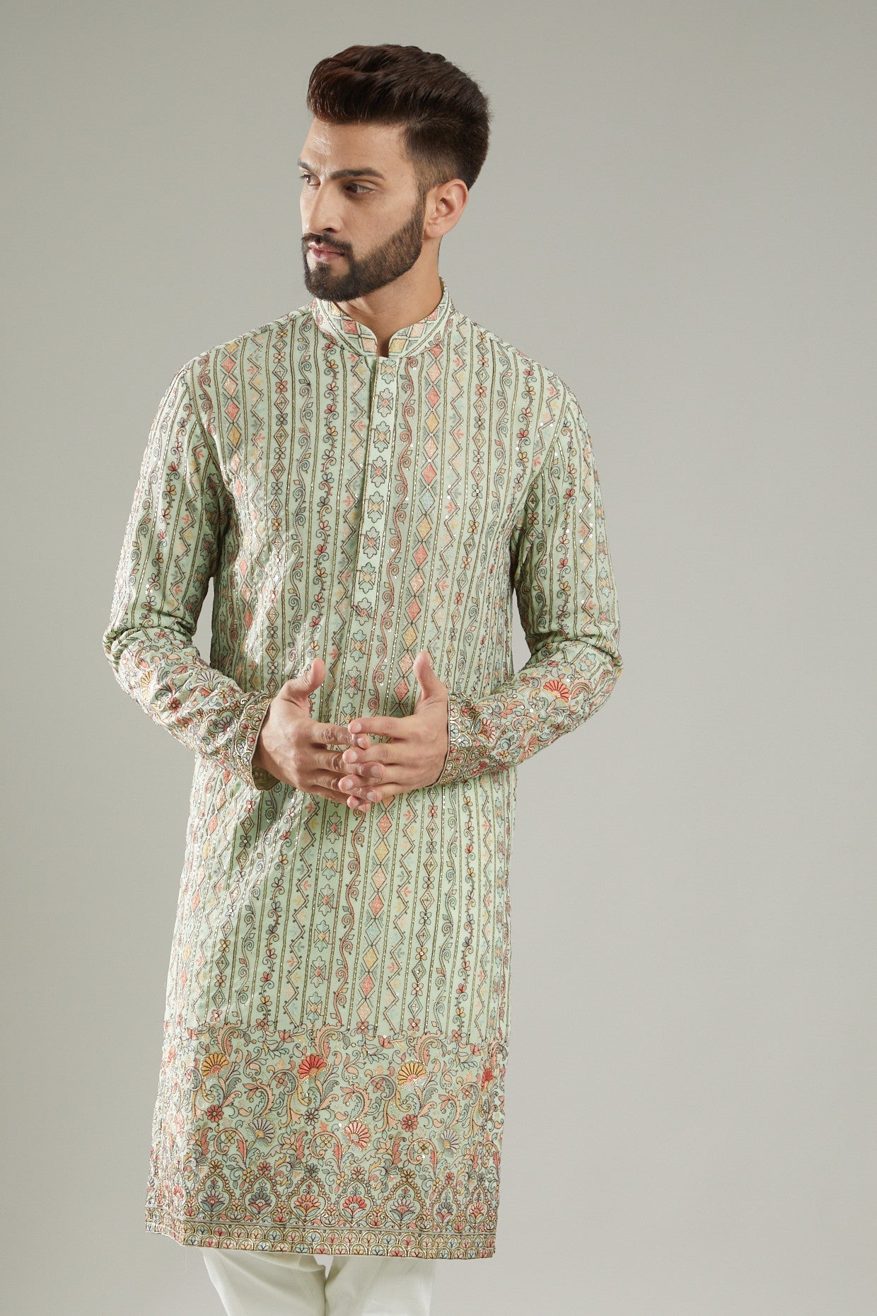 Pastel Green Embroidered Georgette Kurta for Women - Elegant Indian Ethnic Wear for Festivals, Weddings & Casual Outings