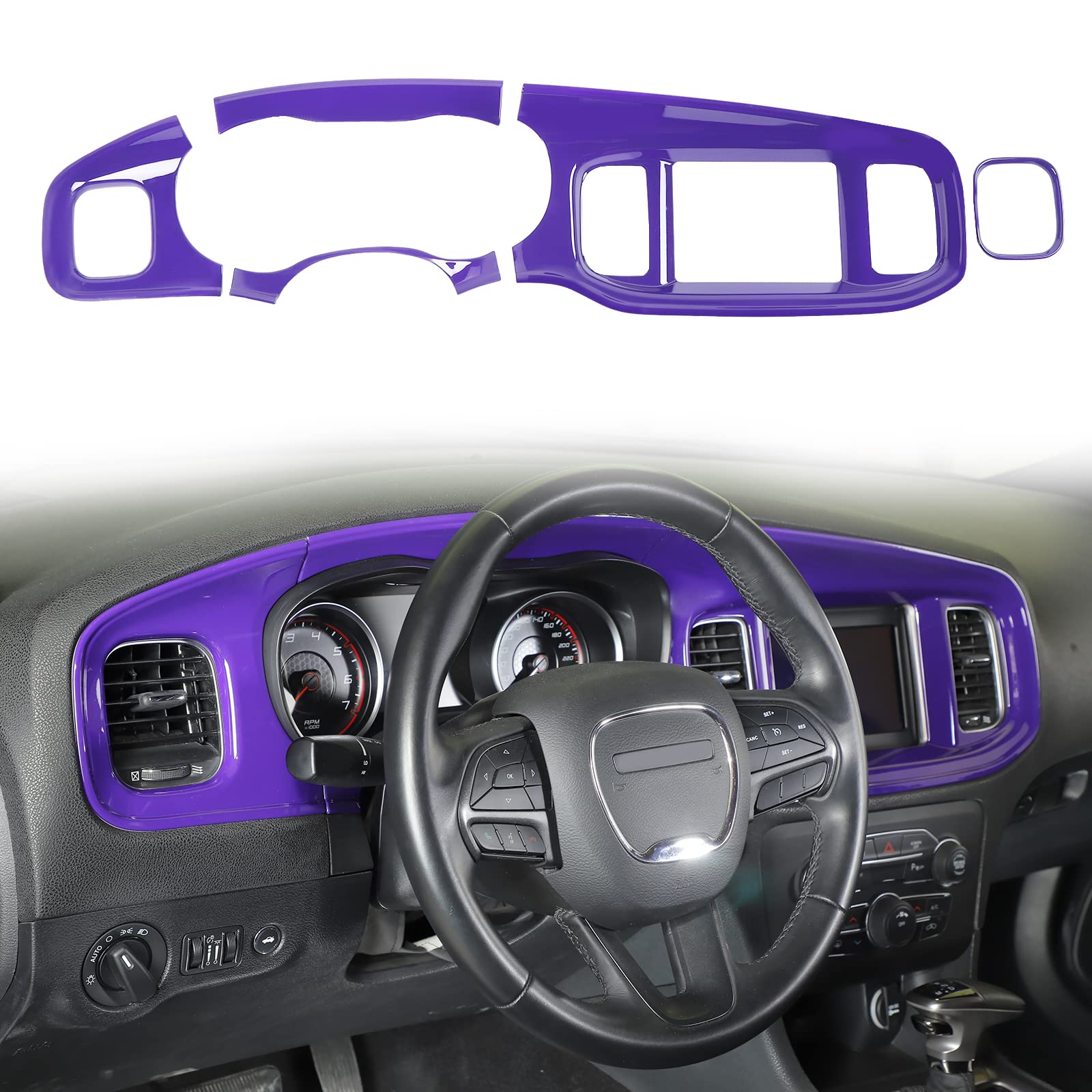 **2015-2024 Dodge Charger ABS Purple Dashboard Trim Panel Set (5pcs) – Interior Upgrade for Center Console & Gauge Cluster – Perfect for Car Customization & Stylish Enhancement**