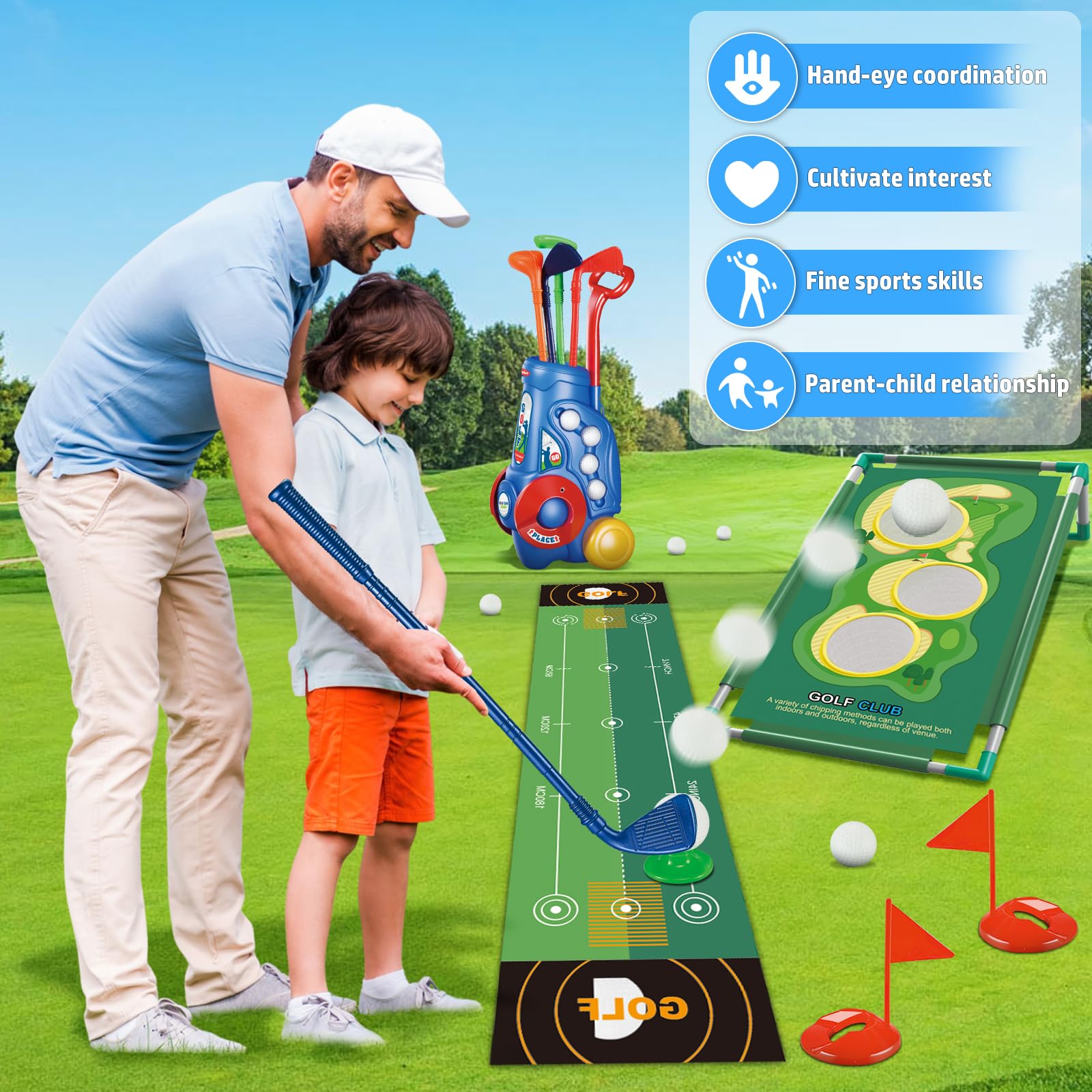 2 in 1 Kids Golf Club Play Set with Golf Board, 4 Golf Balls & Clubs - Portable Storage Bin - Perfect Indoor/Outdoor Golf Toys for Toddlers Age 3+ - Ideal Birthday Gift for Boys & Girls - Great for Backyard Play, Birthday Parties & Family Fun Activities