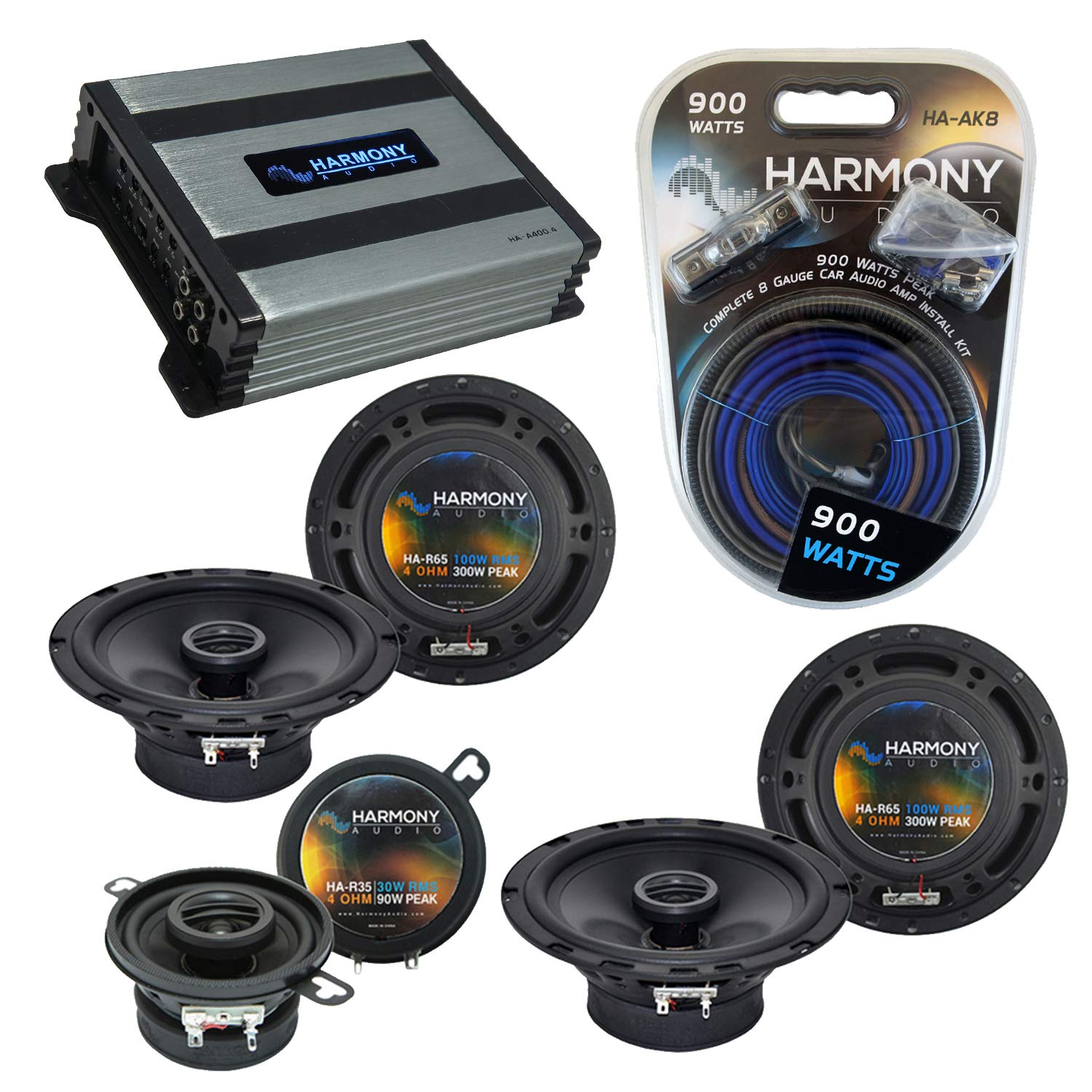 Harmony Audio HA-A400.4 Amplifier Bundle with HA-R65 and HA-R35 Speakers - Direct Replacement for Saab 9-7x 2005-2009 Models - Perfect for Car Audio Upgrades and Factory Speaker Replacement