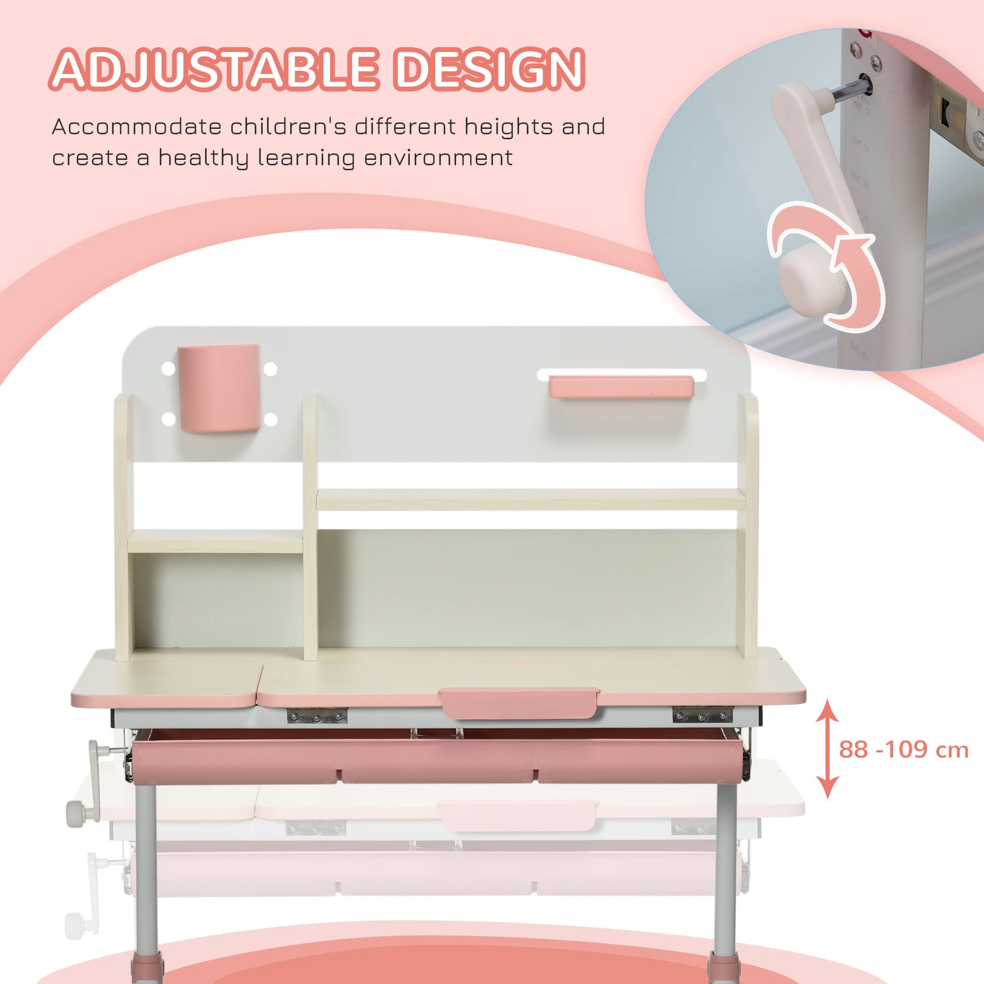 Qaba Adjustable Height Wooden Kids Study Desk - Children's School Writing Table with Tilt Desktop, Drawer, Storage Shelf & Pen Holder - Perfect for Homeschooling, Online Learning & Bedroom Study (Pink)