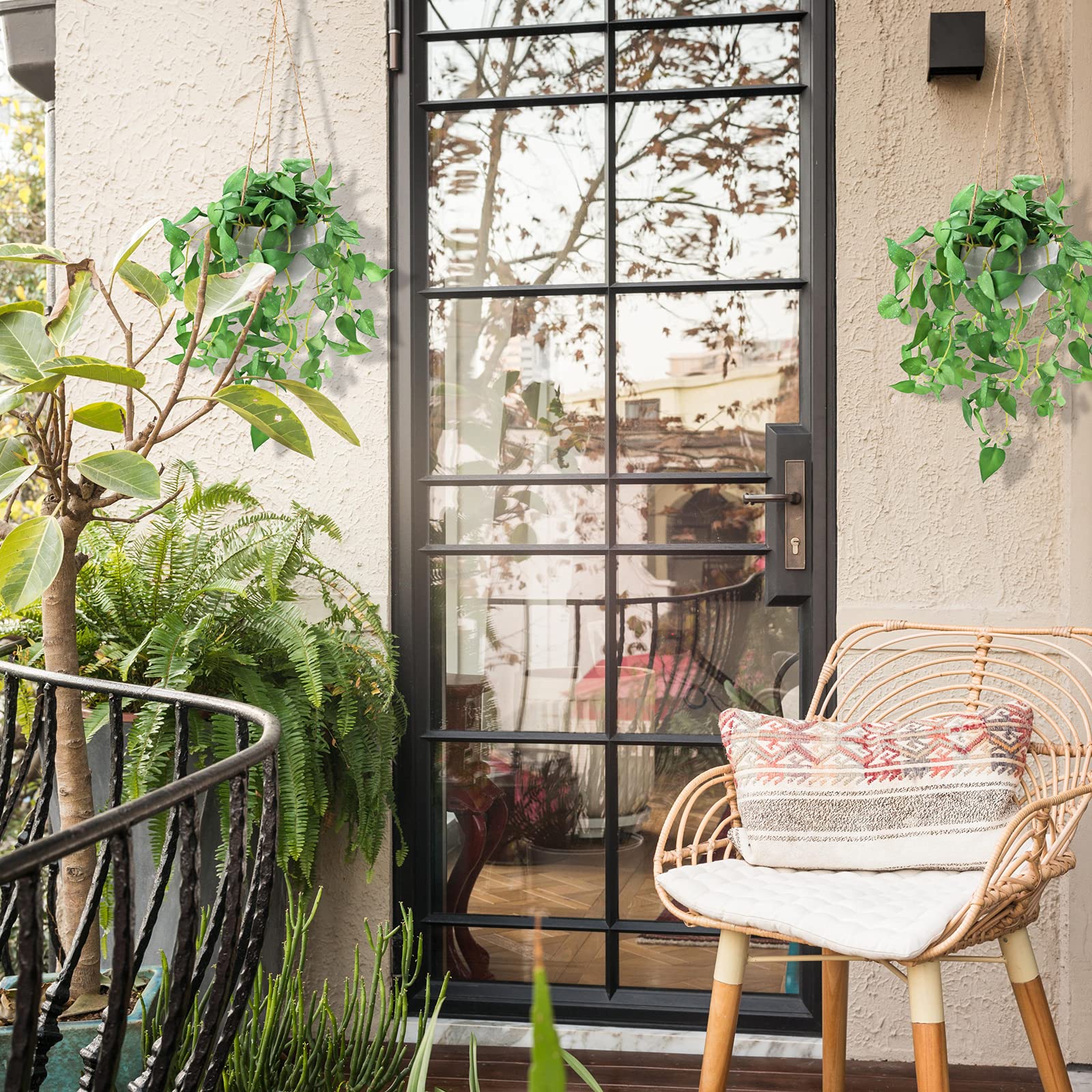 2 Pack Fake Hanging Plants with Pots - Artificial Anthurium Leaf Hanging Basket for Wall Decor - Indoor/Outdoor Home, Office, Patio & Garden Decoration
