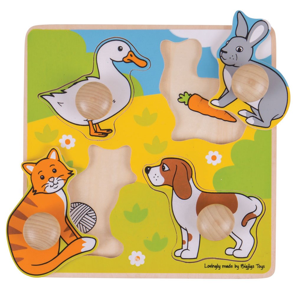 Bigjigs Toys Wooden Peg Puzzle Pets - Educational Animal Puzzle for Toddlers 1+ Year Old, Fine Motor Skills Learning Toy for Babies & Kids, First Wooden Jigsaw Puzzle - Perfect for Early Childhood Development & Montessori Playtime