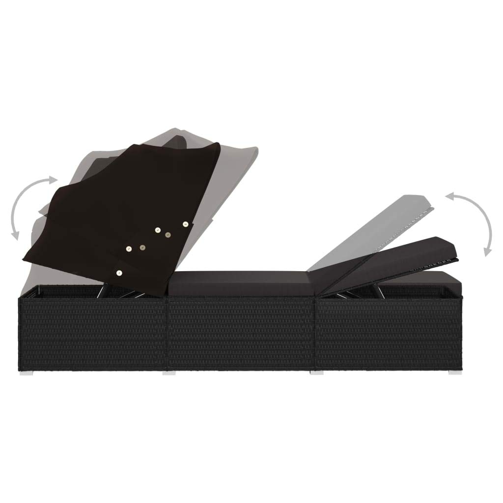 Outdoor Sunbed Patio Furniture - Black Poly Rattan Sun Lounger with Canopy & Cushion | Fast Shipping | Perfect for Poolside, Garden & Backyard Relaxation