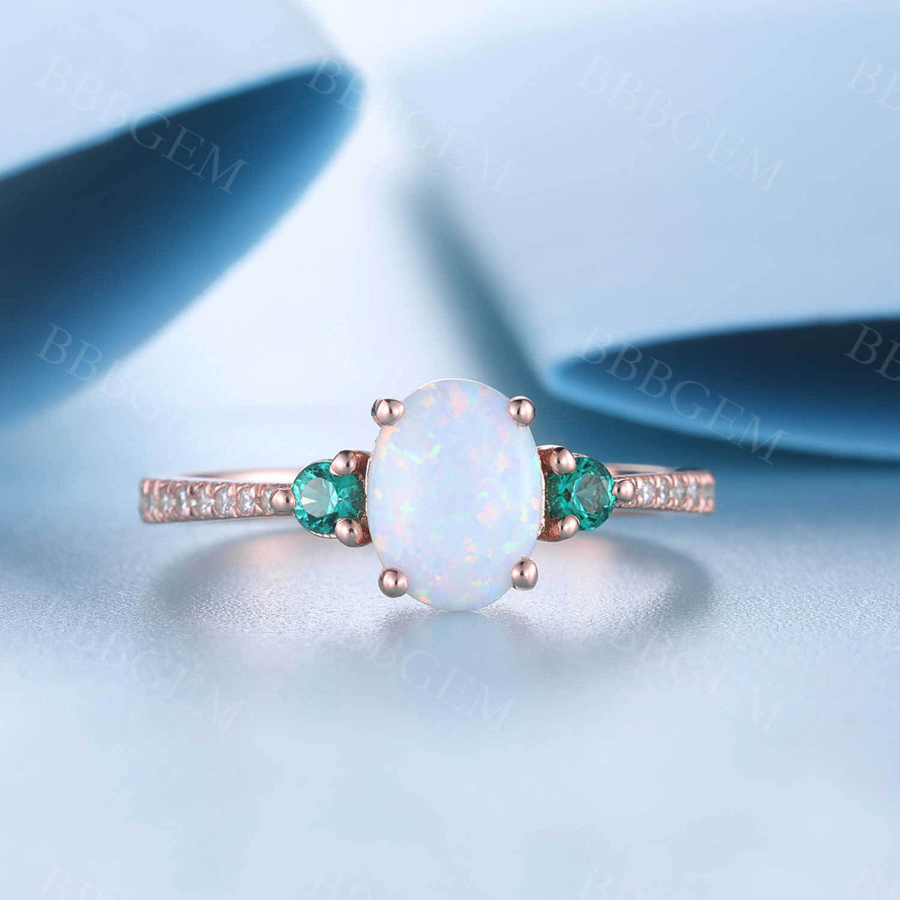 14K Rose Gold Opal Cluster Engagement Ring for Women - Emerald & Diamond Accent Statement Ring | Perfect for Proposals, Anniversaries & Special Occasions