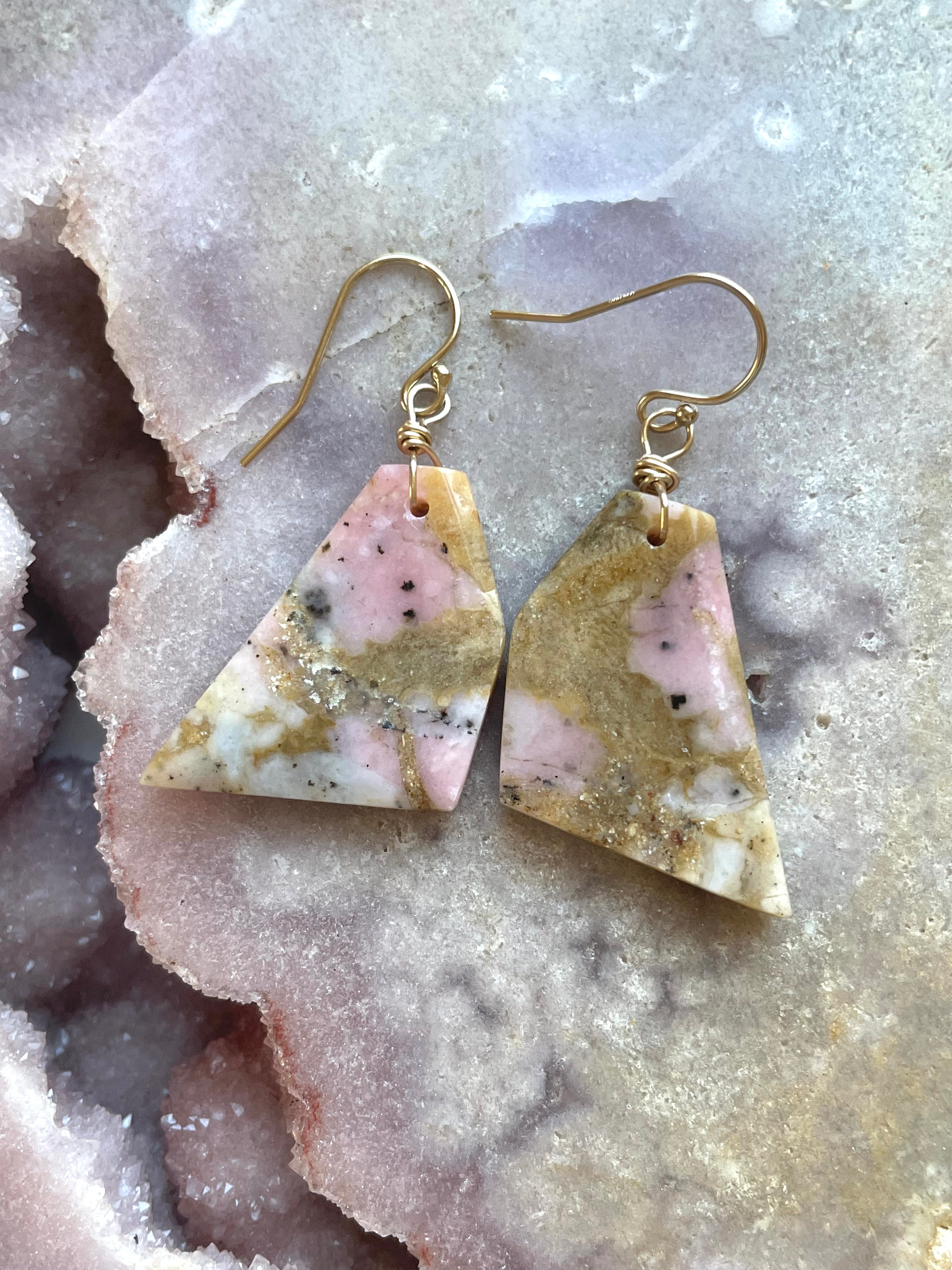 Pink Opal Gold Filled Statement Crystal Gemstone Earrings for Women | Elegant Dangle Drop Earrings for Party, Wedding & Special Occasions