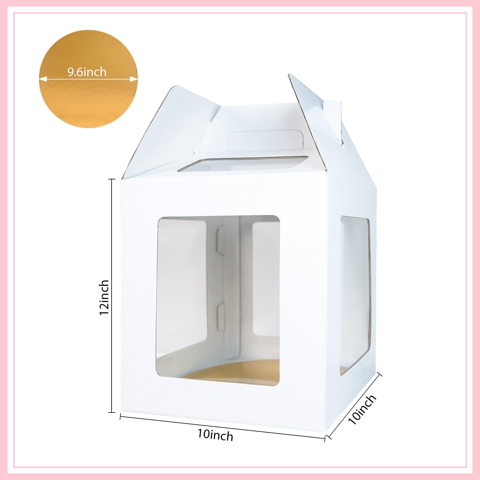 Yeplan 2-Pack 10x10x12 Inch Tall Cake Boxes with Cake Board - Clear Window Tiered Cake Carrier with Handle for Birthday, Wedding & Party - Perfect for Professional Baking, Dessert Transport & Special Occasions
