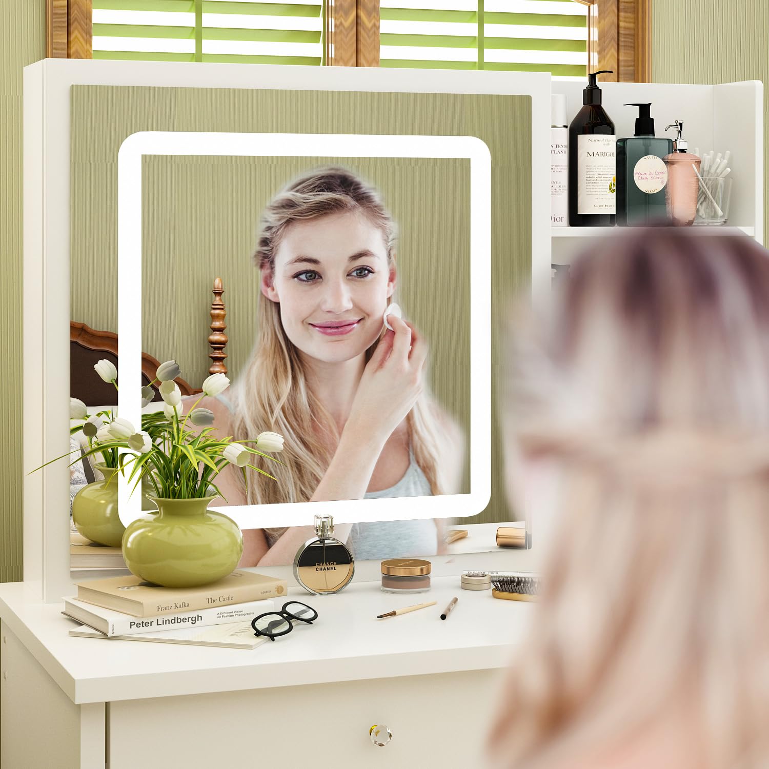 Large Vanity Table Set with Mirror & Stool - 5 Drawers, Shelves, White Sliding Lighted Makeup Dressing Desk for Bedroom, Beauty Salon | Perfect for Makeup Application, Hair Styling & Home Decor