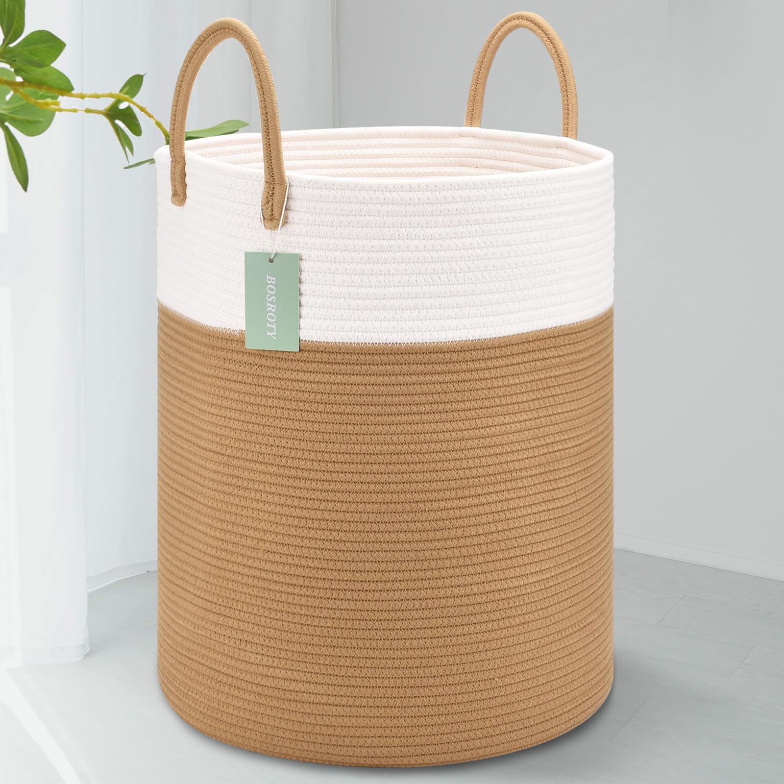 65L Large Blanket Basket & Tall Laundry Hamper - Cotton Rope Storage Basket for Nursery, Clothes & Toys (16”x 20”, White & Jute) | Perfect for Baby Rooms, Laundry Organization & Home Decor