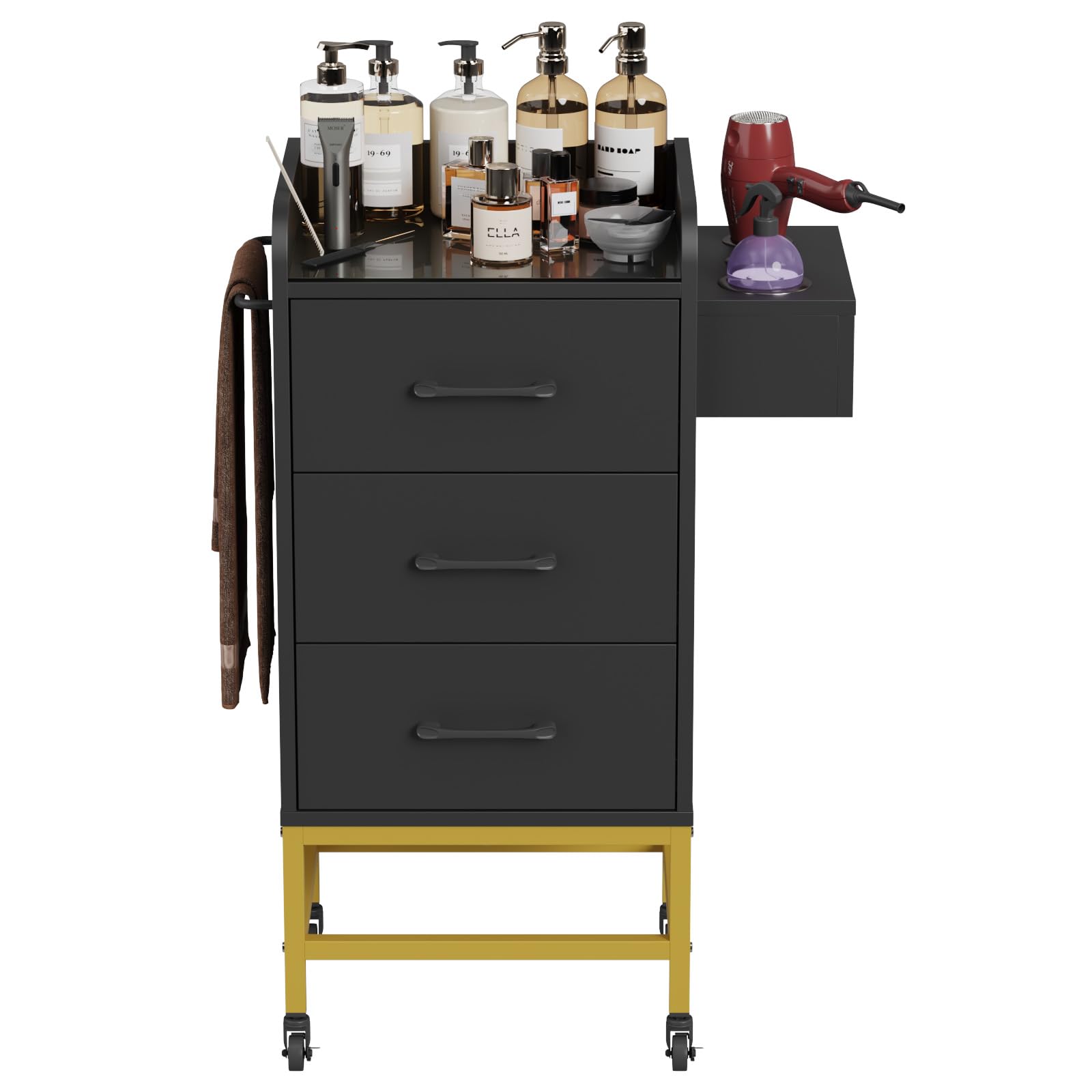 Premium Salon Trolley Cart with Tempered Glass Top - 4 Wheels (2 Lockable) - Mobile Barber Station with Storage Drawers, Hair Dryer Holders & Towel Rack - Professional Salon Equipment for Stylists (Black) - Ideal for Hair Salons, Barber Shops & Home Styling Stations