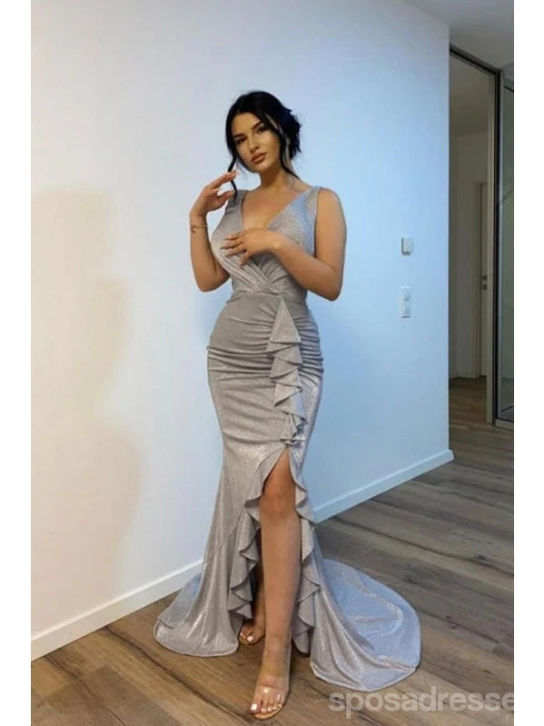 Elegant Grey Mermaid V-Neck High Slit Long Prom Dress for Women - Perfect for Evening Parties, Homecoming, and Formal Events
